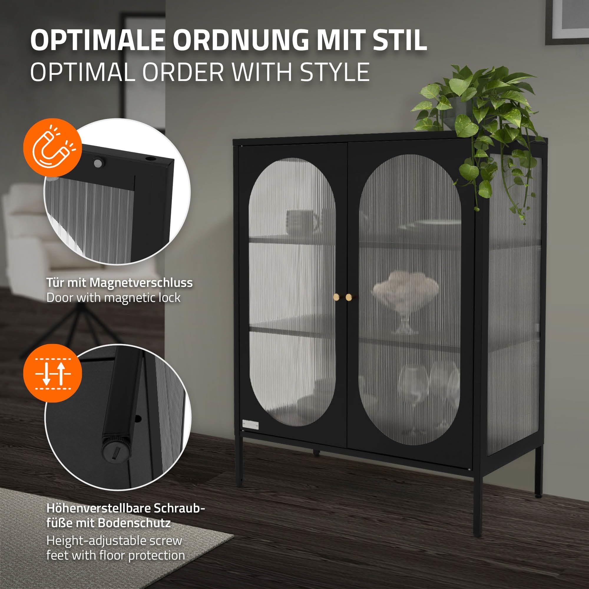 ML-Design Vetrina 80x102,5x40 cm Nero con 3 Ripiani e 2 Ante Mobile da Soggiorno in Metallo Vetrinetta in Acciaio Stile Industriale Cassettiera Libreria Schedario da Terra Credenza