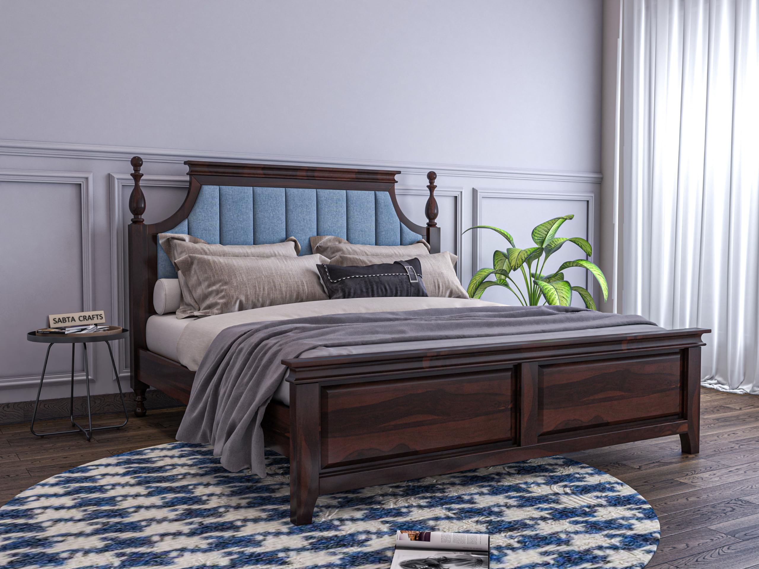 SABTA Craft Solid Sheesham Wood Low Height King Size Bed Without Storage | Wooden Double Bed | Low Floor/Lying/Rise/Level/Profile Cot with Blue Upholstered Cushioned Headboard | Walnut Finish-B26