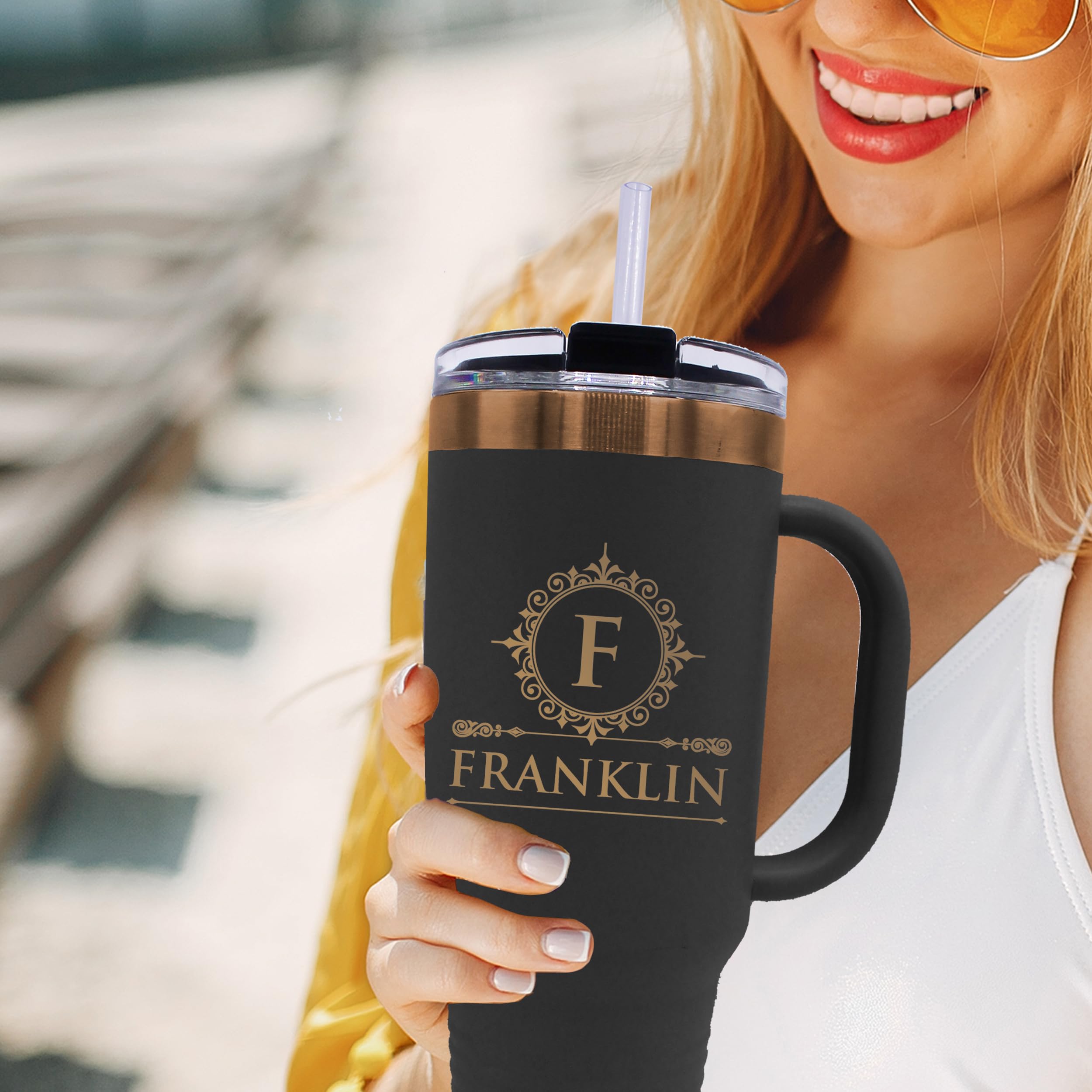Amazon.com: Custom Monogrammed 40 oz Tumbler with Handle, Lid and Straw -  Personalized Insulated Stainless Steel Large Cup (Black with Gold): Home &  Kitchen