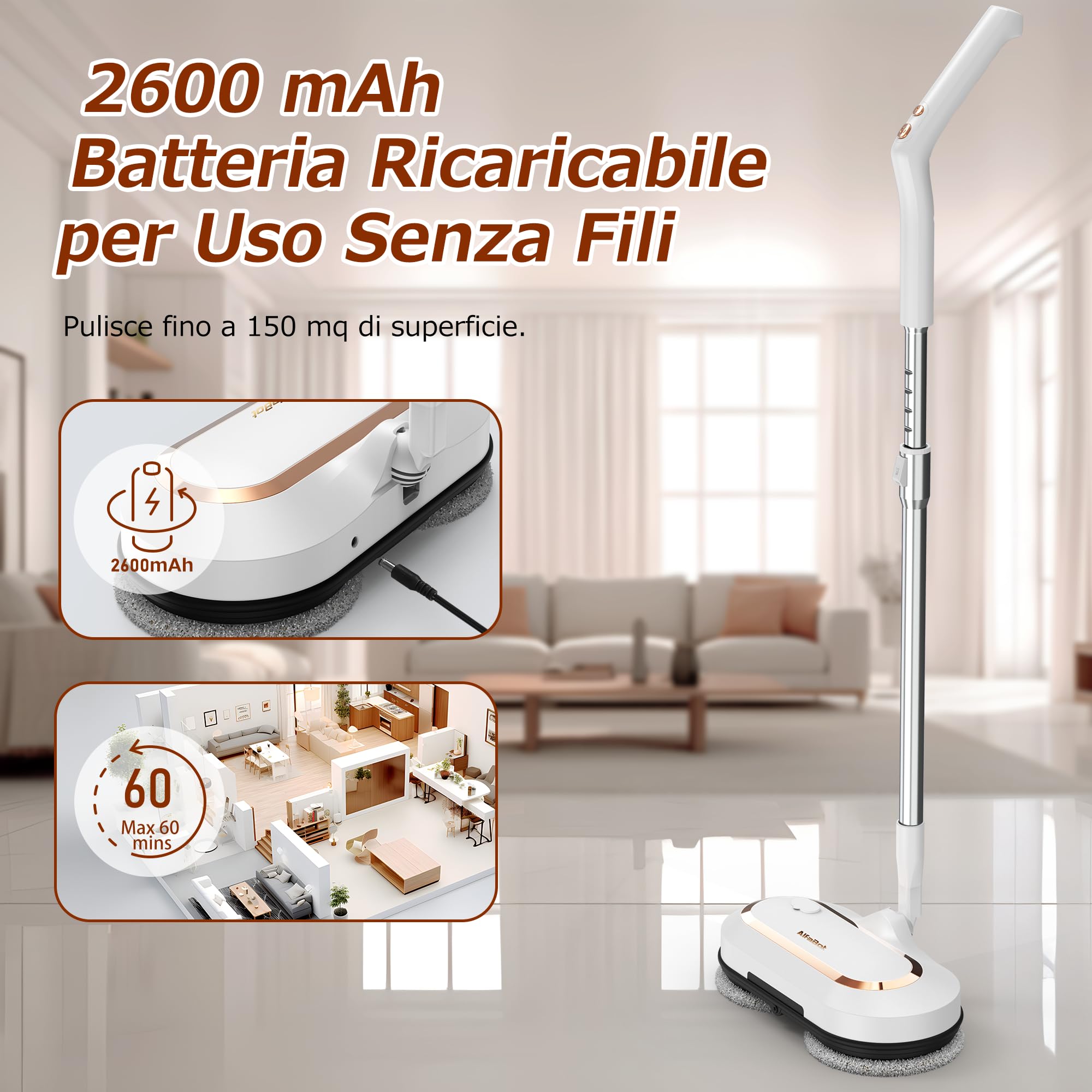 AlfaBot S2 Mocio Elettrico Cordless, 400ML Serbatoio, 60min di Autonomia, Mop Elettrico Lavapavimenti senza Fili con Faro LED e Spruzzatore, per Pavimenti in Legno Duro e Piastrelle