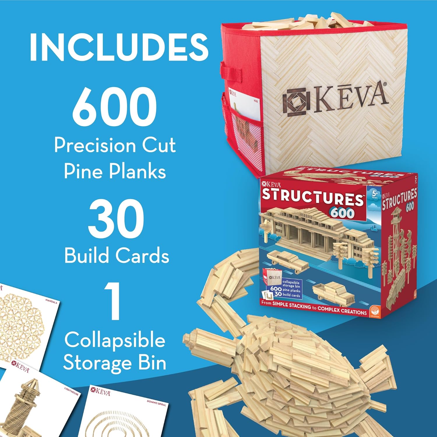 MindWare KEVA Structures 600 Plank Wooden Building Blocks Set, Includes 600 Pine KEVA Planks, 30 Idea Cards and Collapsible Storage Bin