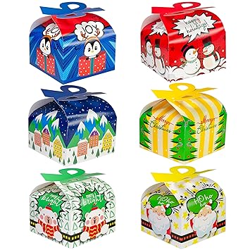 easykart labels 96 Pcs Christmas Gift Boxes with Bow 3D Xmas Holiday Boxes Santa Cardboard Treat Gift Boxes for Kids Christmas Party Favors Supplies, 6 x 6 x 3.5 Inches, 6 Styles