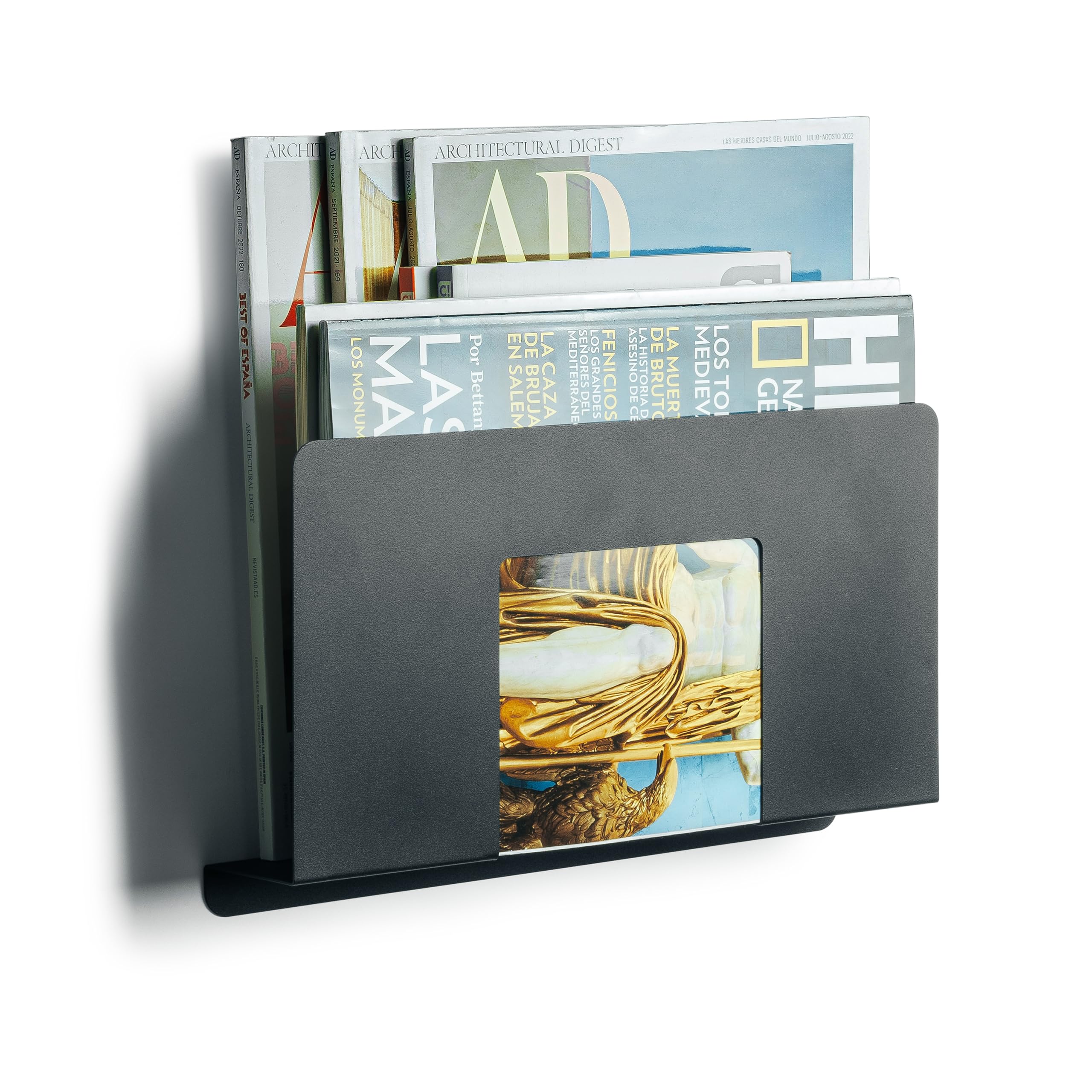 Revistero de Pared. Organizador escritorio de Revistas, Archivador, Carpeta archivadora, Papel A4, Folios A4, Cocina, Material oficina. Recibidores de entrada. Estanteria baño. (Negro, 1 Unidad)