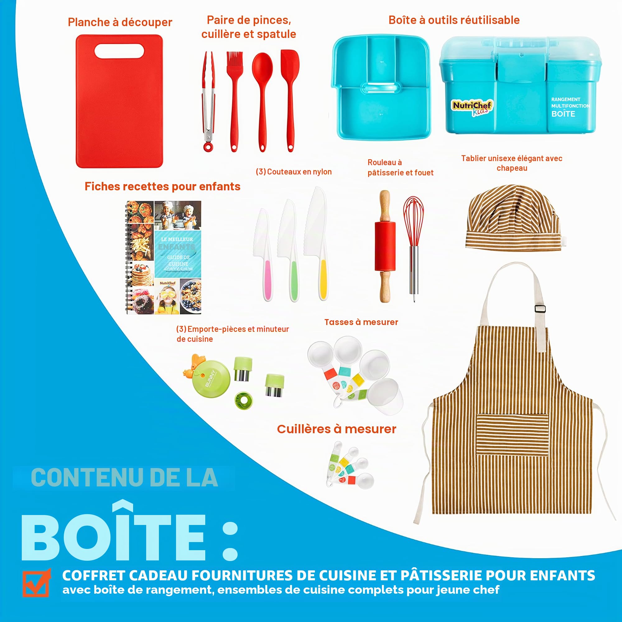 NutriChef Kit Cuisine Enfant et Pâtisserie – Set Complet avec Tablier Little Chef, Livre de Recettes, Couteaux Nylon et Ustensiles, dès 4 Ans