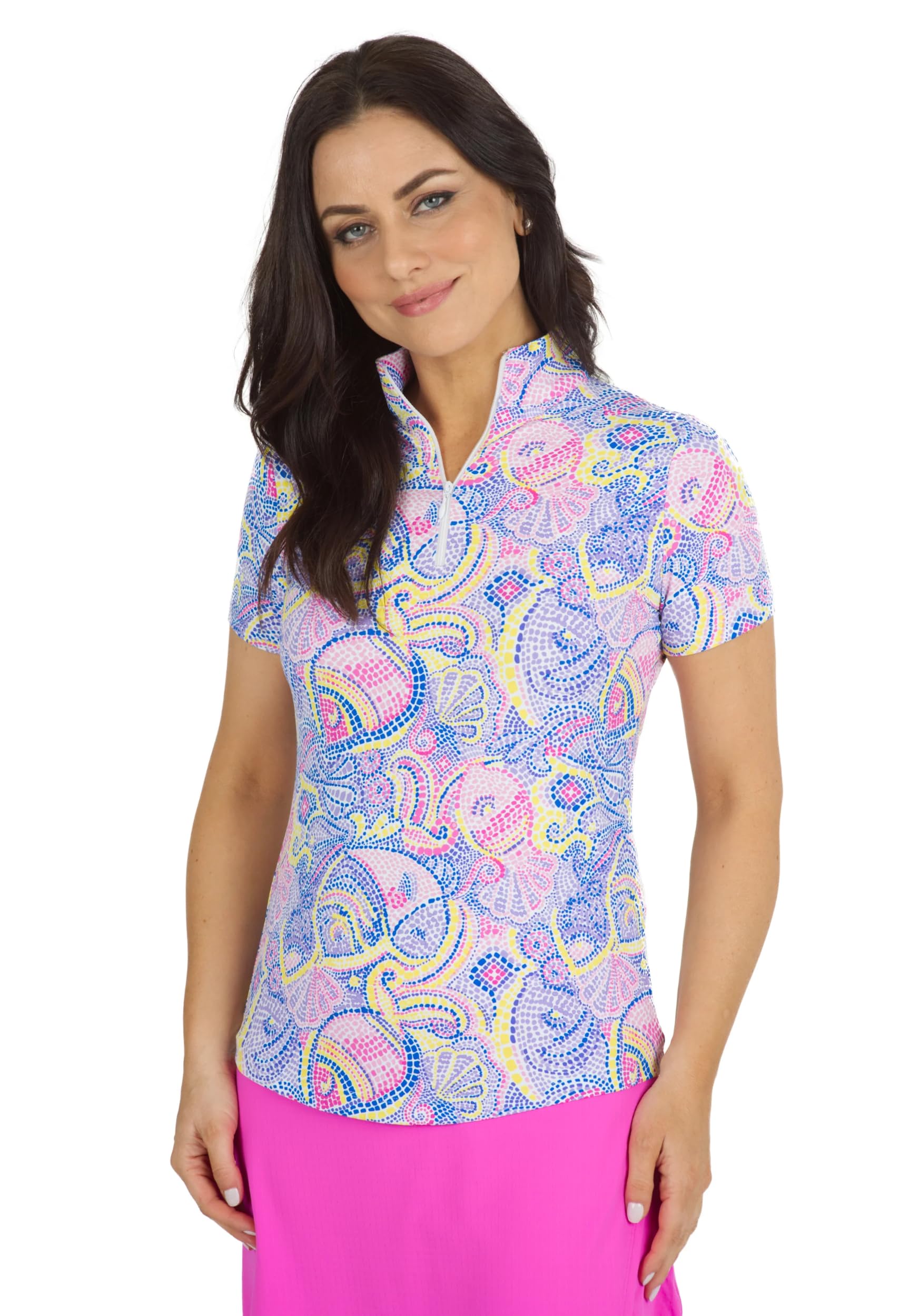 IBKULAthleisure Wear Sun Protective UPF 50+ Icefil Cooling Tech Mariel Print Short Sleeve Mock Neck – 17483 Blue Multi Mariel M