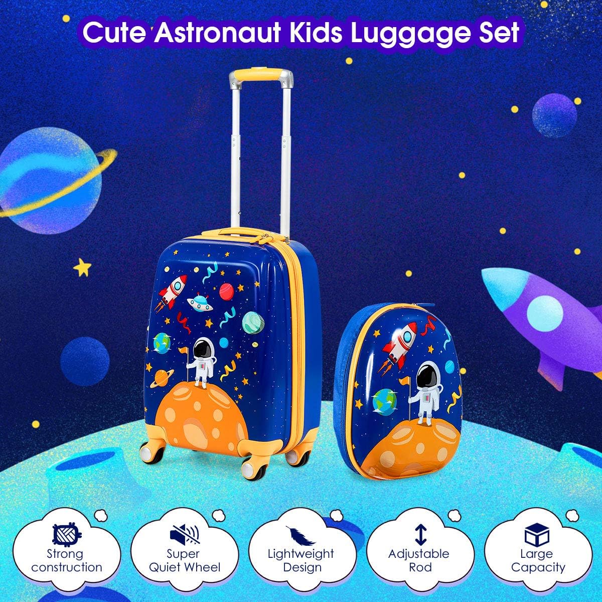 Amaituview of GYMAX Kids Luggage Set features: strong construction, quiet wheels, lightweight, adjustable rod, large capacity