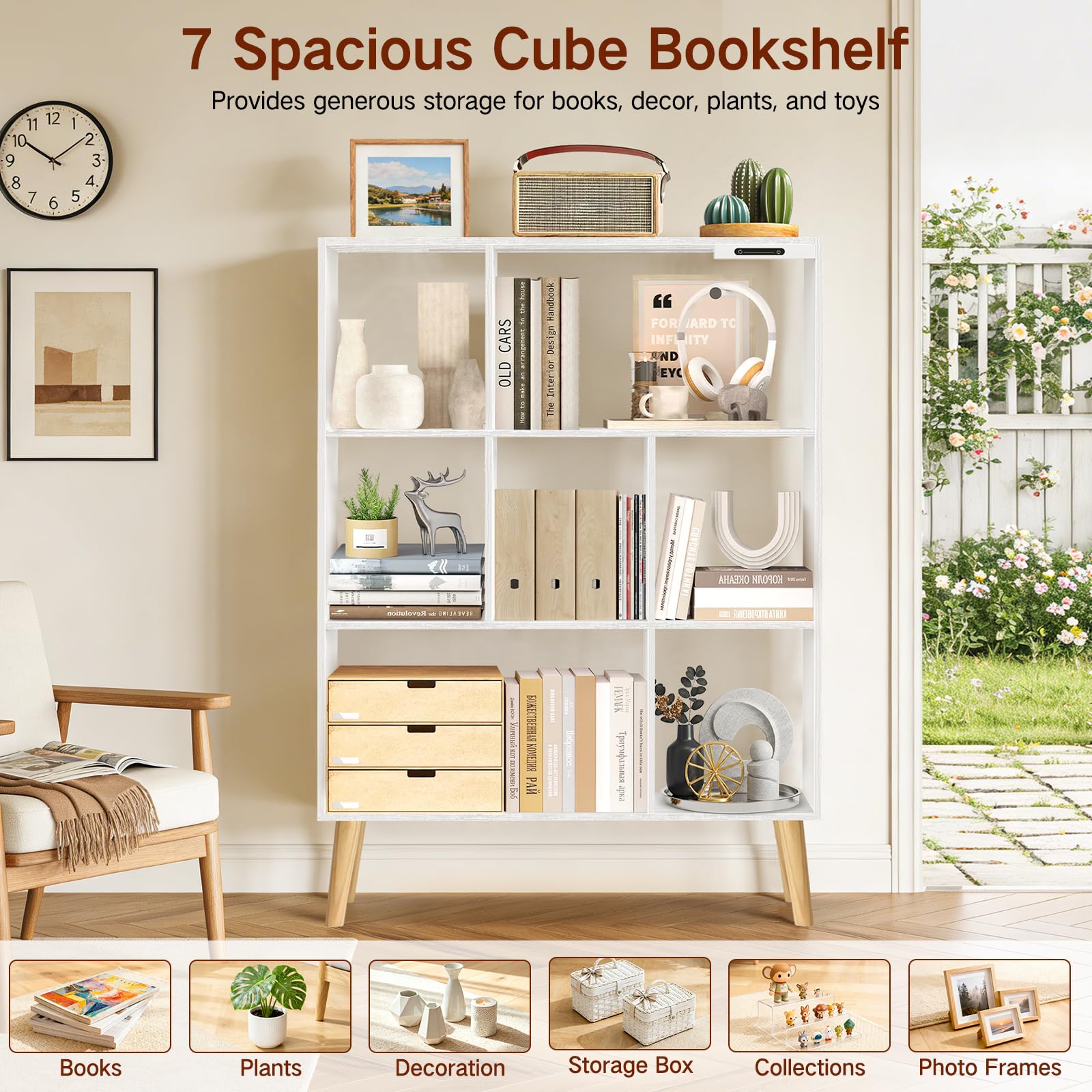 Estantería de 7 Cubos con Luces LED, Control Táctil y Remoto, Librería Moderna Independiente Regulable, Organizador de Madera para Salón, Dormitorio u Oficina