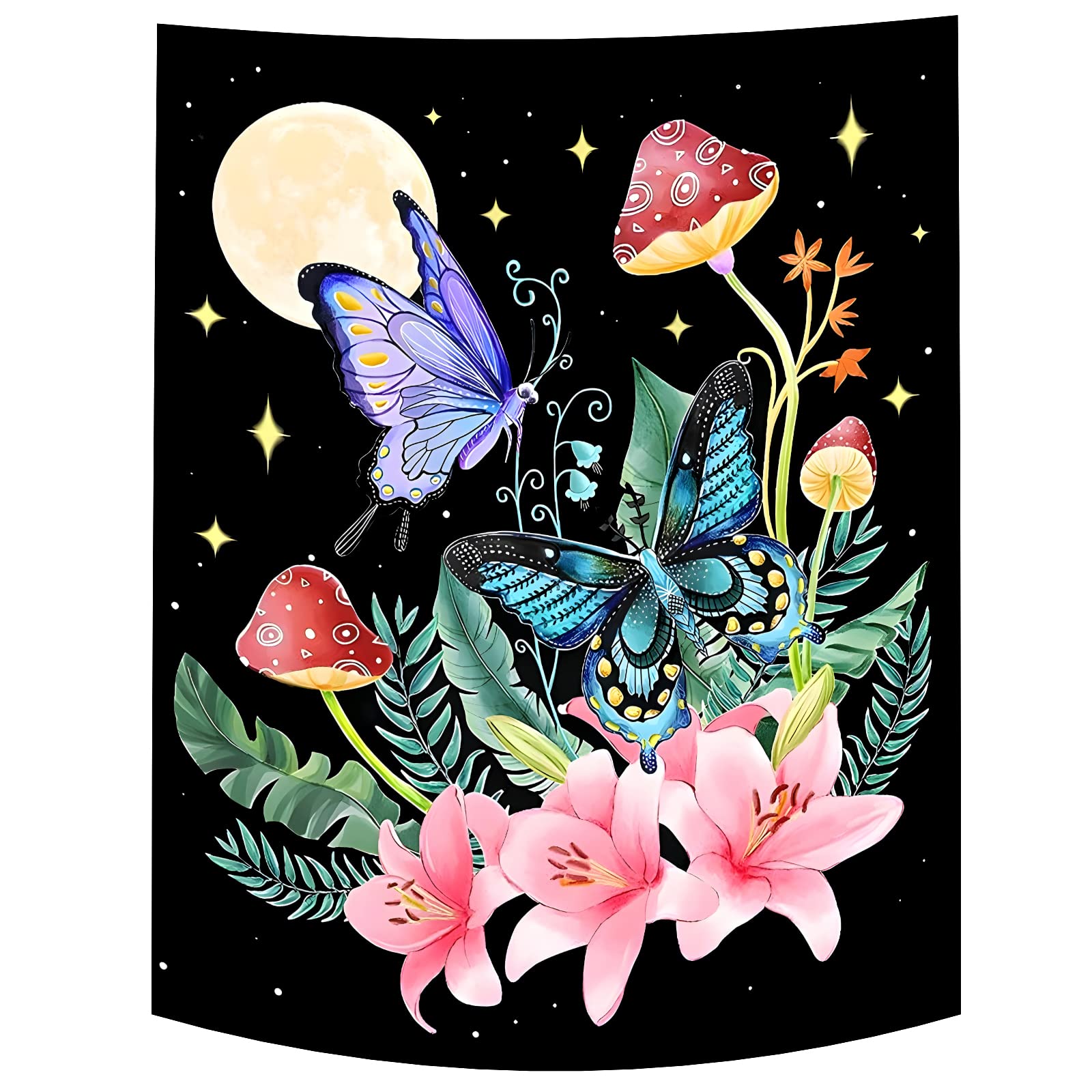 Mushroom Tapestry Butterfly Tapestries with Flower Black Wildflower Vertical Tapestry Wall Hanging with Botanical Plant for Bedroom Living Room College Dorm Decor (51ʺL × 59ʺW)