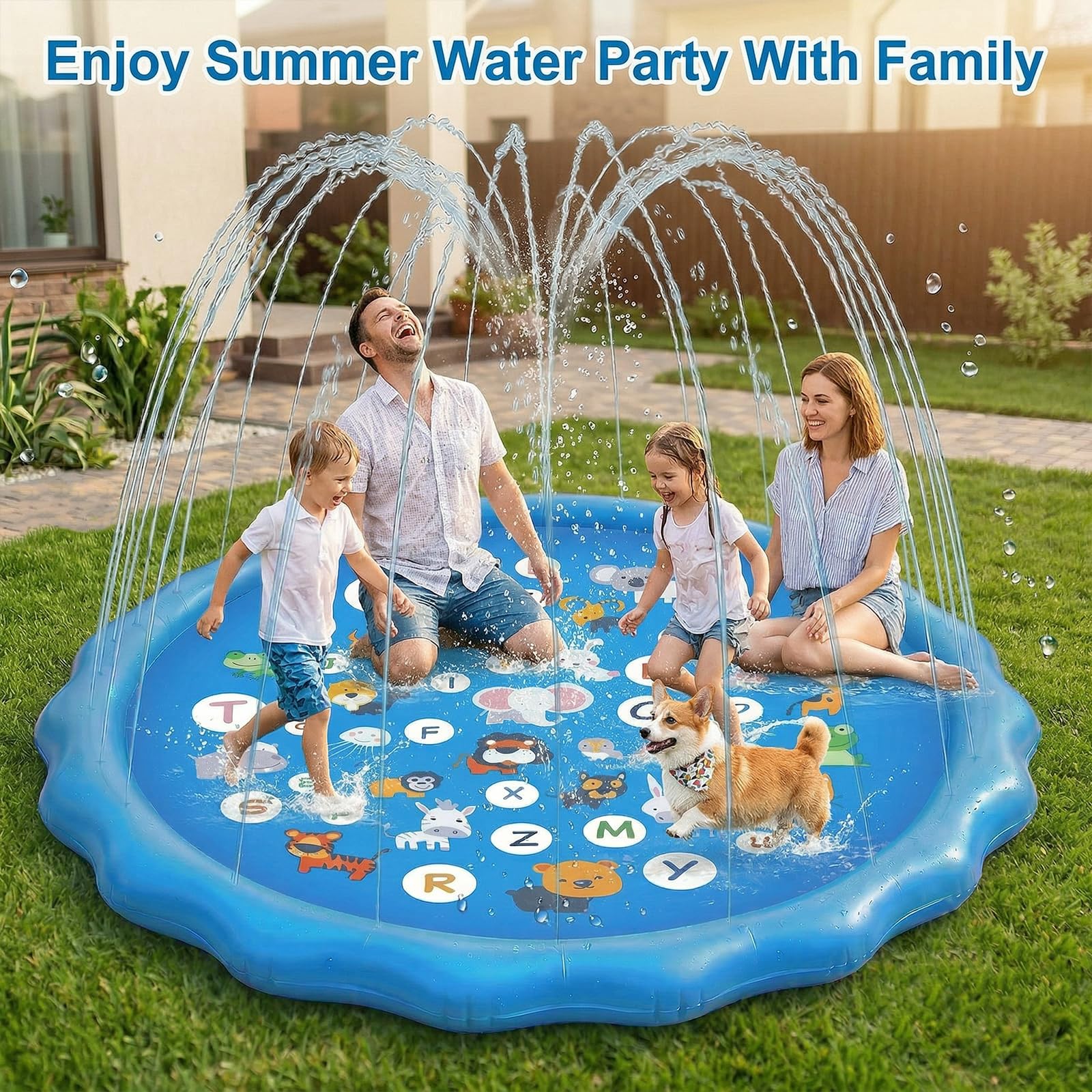 Ninonly Tapis Jet Deau Enfant 170cm PVC Splash Pad mit 3 Hauteur Ajustabl AntidéRapant Installation Rapide Tapis Eau Enfant Adulte Jardin,Piscine,Plage IdéAl pour L'éTé