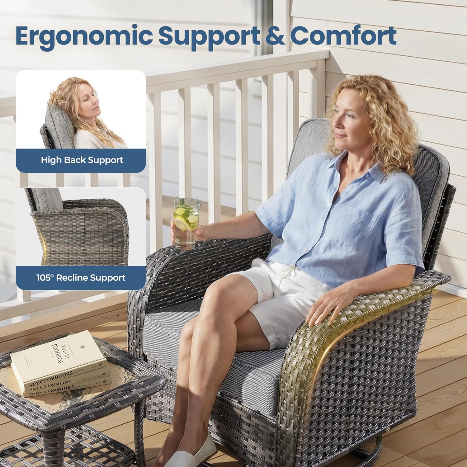 Weaxty Wicker Patio Furniture Set with Swivel Rocker Chairs Outdoor Loveseat Sofa and Rattan Coffee Table, 5 Pieces Outdoor Conversation Sets for Patio Porch Deck Backyard Poolside, Dark Gray