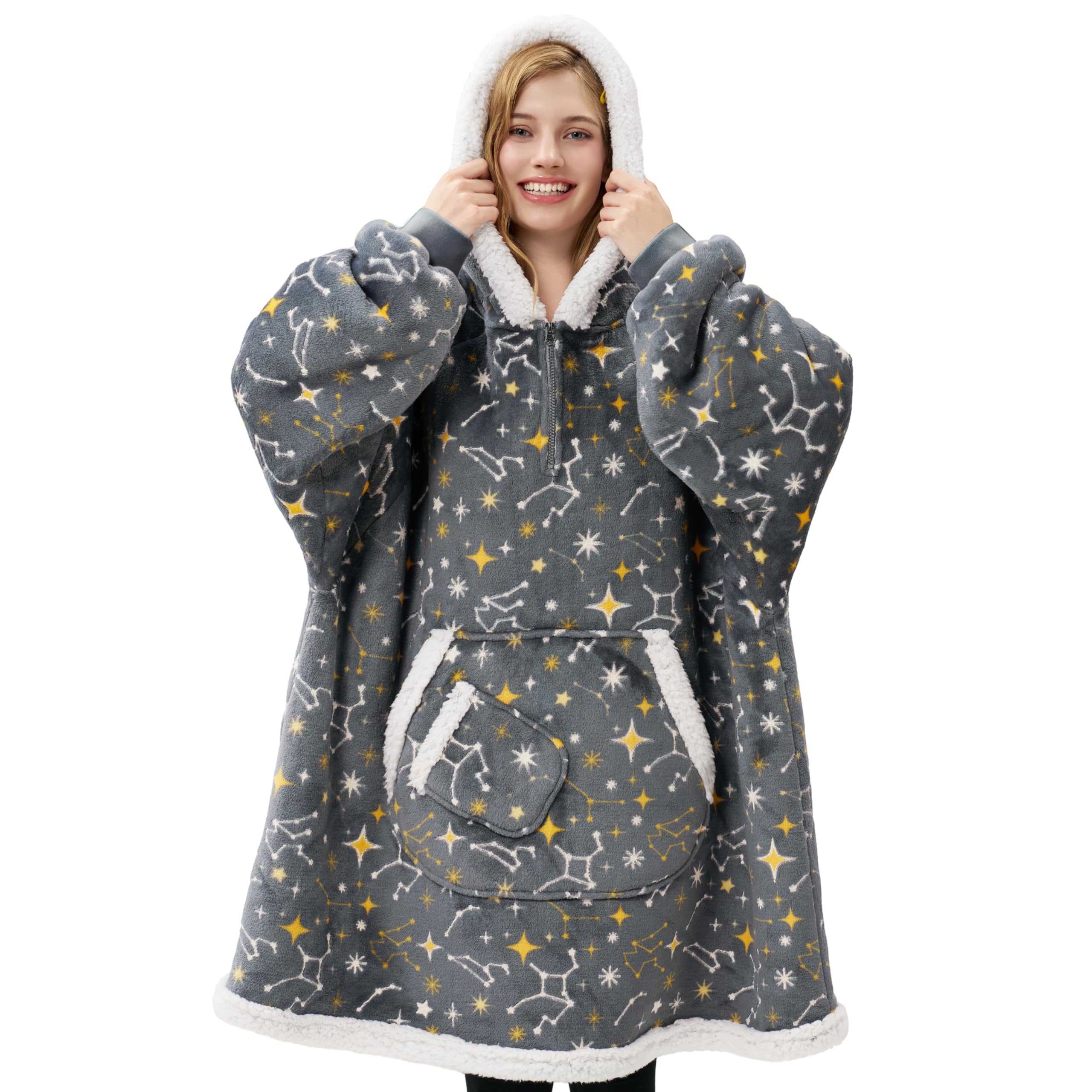 Giggling Getup Wearable Blanket Hoodie for Adults Gifts for Teen Girls Sister Women Sherpa Fleece Printed Hooded Blanket Sweatshirt Warm Cozy with Pocket & Sleeves Grey Glowing Stars