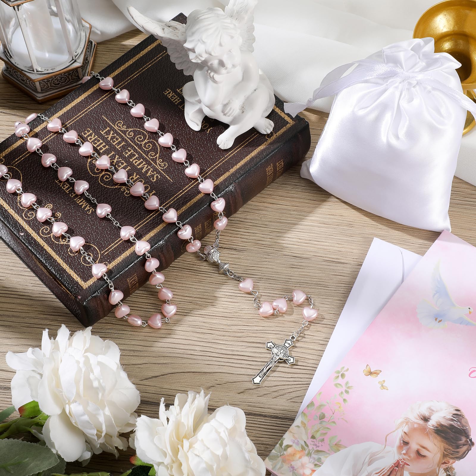 Sinmoe Set de 3 Rosario Corazón Primera Comunión con Tarjetas y Bolsa Cordón Collar Rosario Metálico Cruz Perlas Católicas para Niñas Niños Regalo Bautizo Rosa