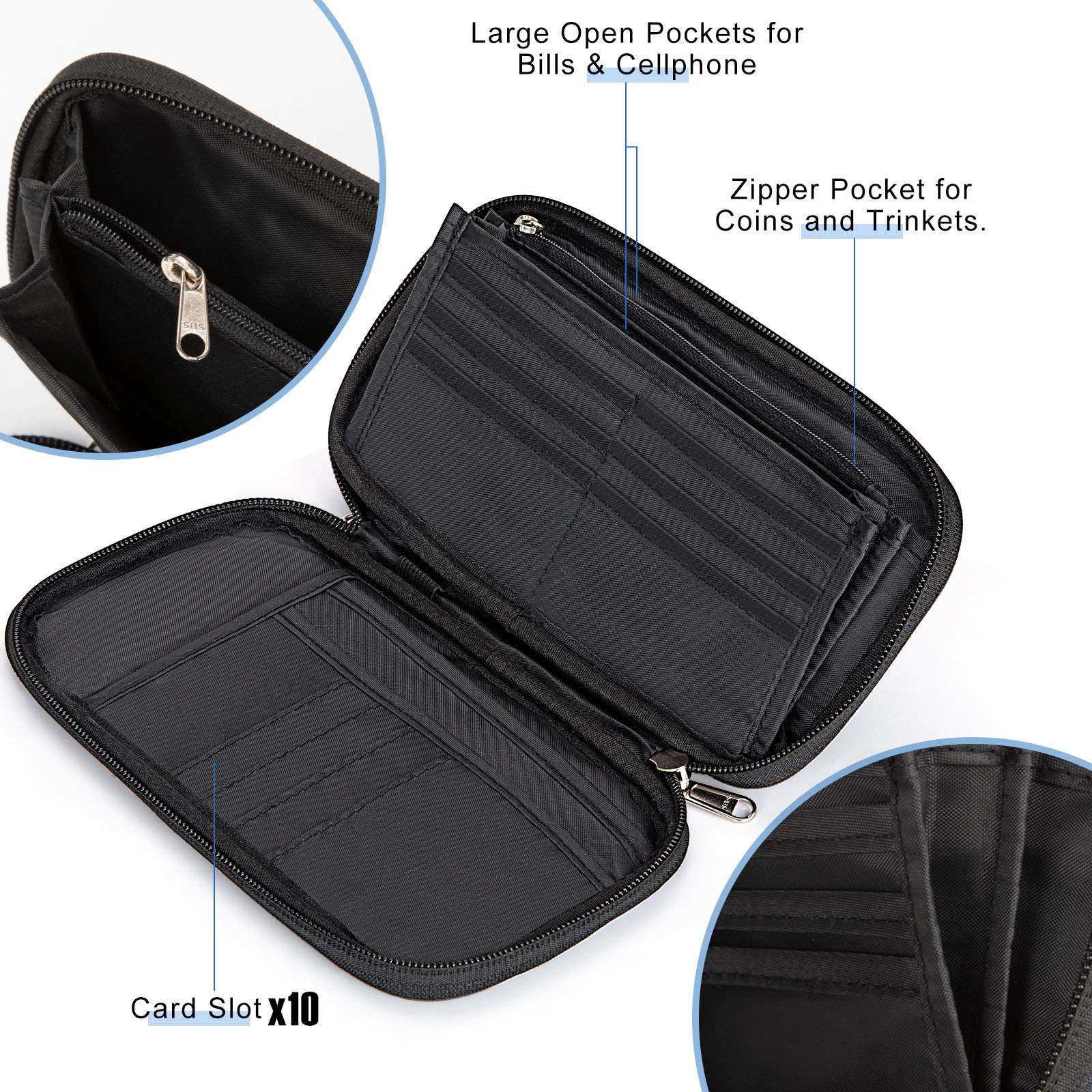 Soporte para pasaporte familiar con diseño de acordeón RFID, cartera de viaje con bloqueo, organizador de documentos con cremallera para mujeres y hombres (Negro-2), Negro-2, Cartera Rfid 4