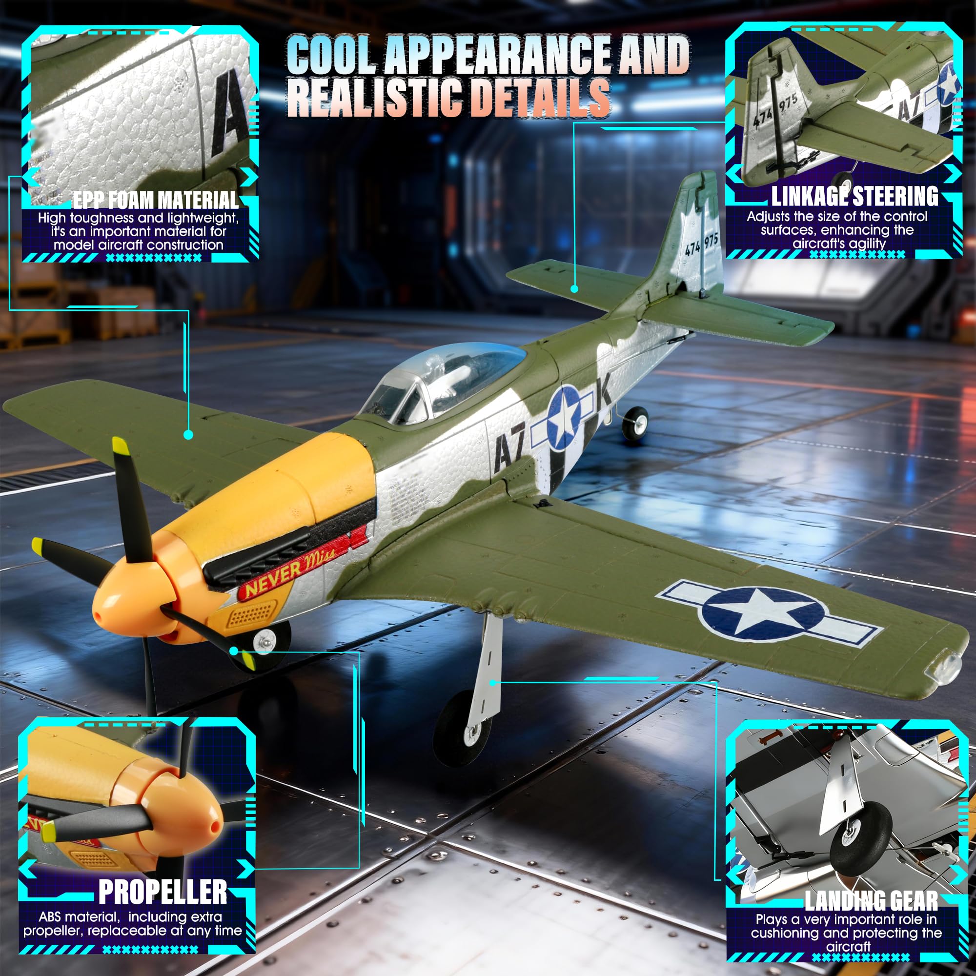 Aereo RC 5CH P51D Mustang Aereo RC con Radiocomando Rimovibile 3D/6G 2.4GHz Brushless Aerei RC per Adulti e Principianti con Elica e Batteria di Ricambio