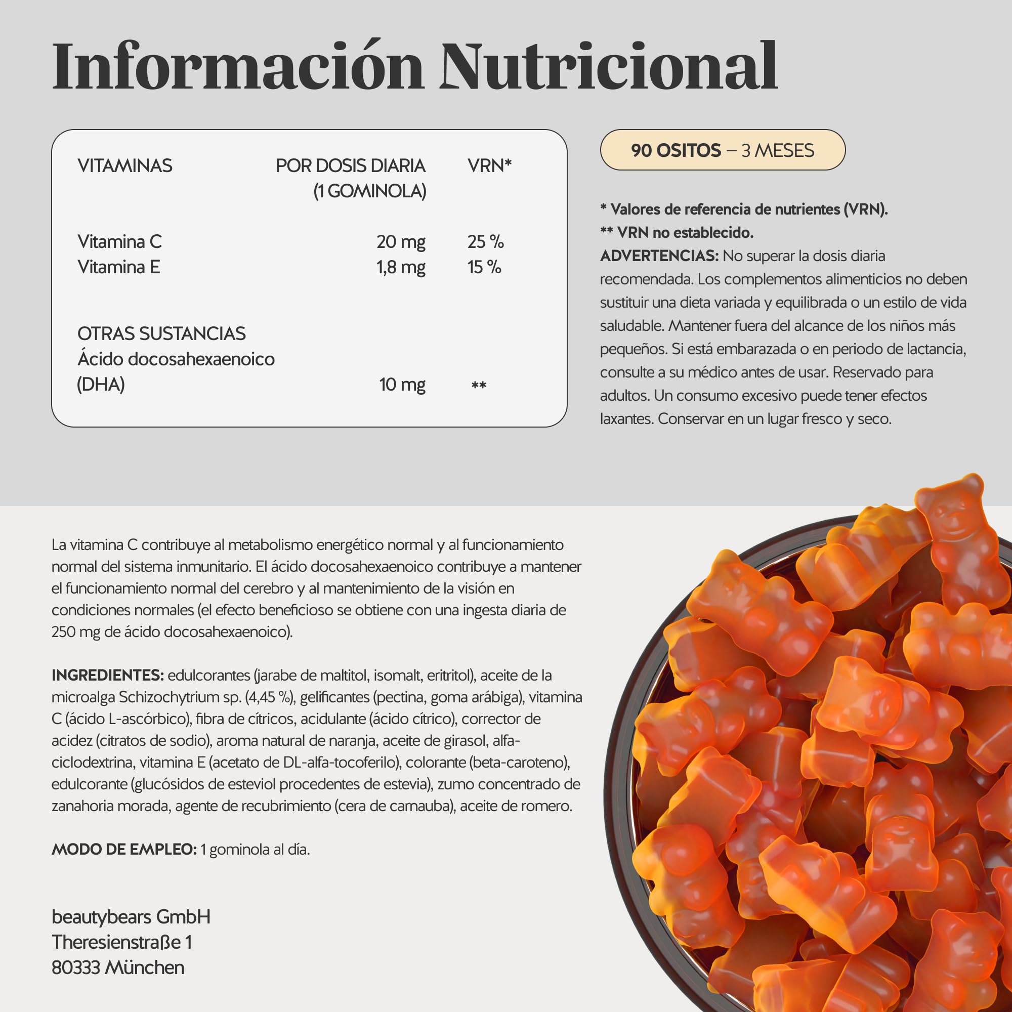 Omega 3 DHA - Catch Of The Day Vitality Support - Sin Pescado - con Vitamina C y E, Aceite Microalga - Sistema Inmunitario - 90 unidades (3 meses) - Sin Azúcares, Vegano - Bears with Benefits