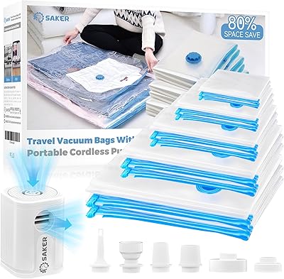 Saker Vacuum Storage Bags with Electric Pump, Space Bags Vacuum Storage Bags, 2-in-1 Pumping and Inflation, 15 Pack 3 Jumbo,3 Large,3 Medium,3 Small,3 Roll Up Bags for Clothes, Bedding, Travel