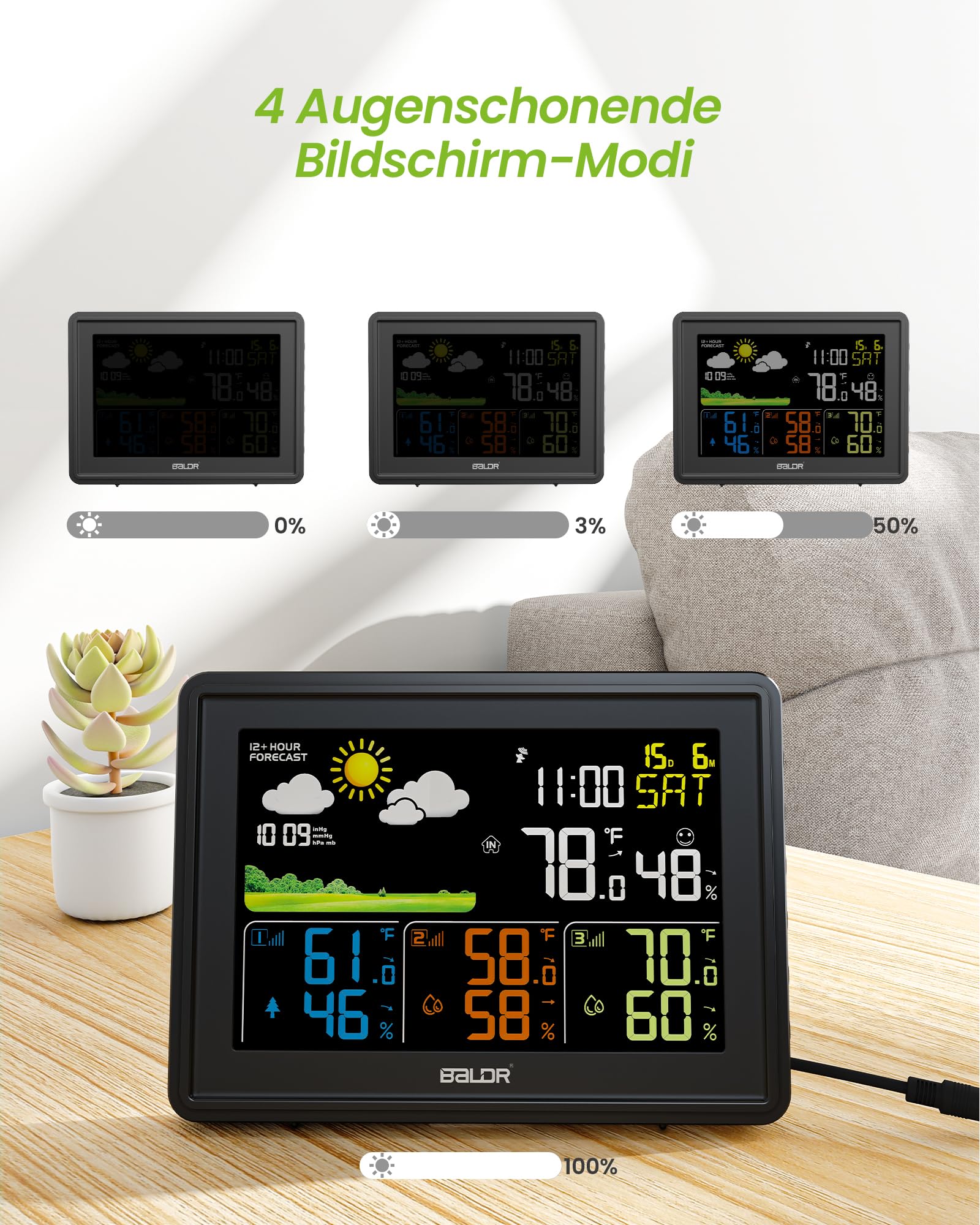 BALDR Draadloos weerstation met buitensensor, digitaal kleurendisplay, DCF-radioklok, binnen en buiten, thermometer, hygrometer, draadloos weerstation met weersvoorspelling, barometer en maanfase, voeding (wit