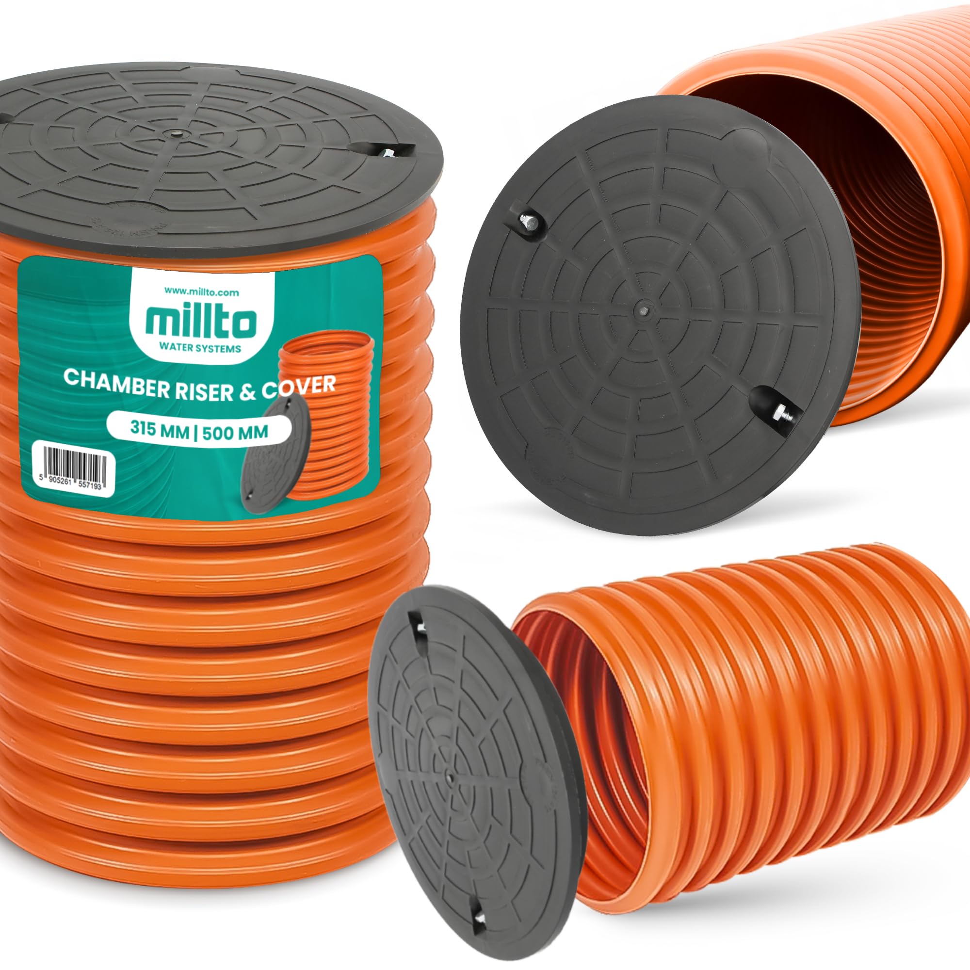 Millto™ Steigrohr mit Abdeckung Deckel 50 cm 315 mm Schachtrohr Wellrohr Kanalschacht Kanalrohr Schachtdeckel Abwasser Rohr Kanaldeckel Kontrollschacht Sickerschacht Kunststoff