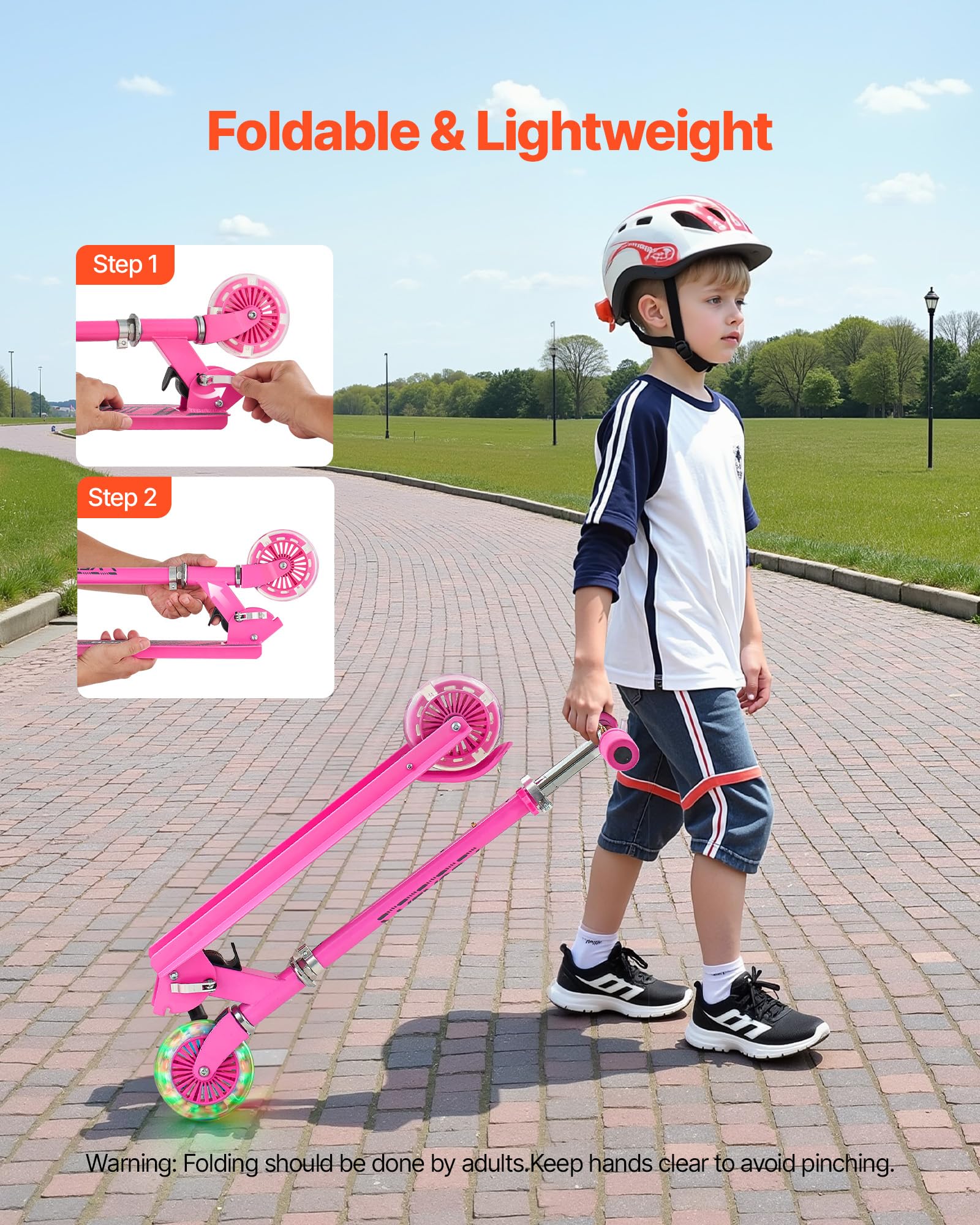 VEVOR Trottinette pour Enfants à partir de 3 Ans, patinette à 2 Roues Lumineuses, Guidon réglable en Hauteur, Large Plateau antidérapant, Cadre léger et Pliable pour garçons et Filles à 50 kg, Rose