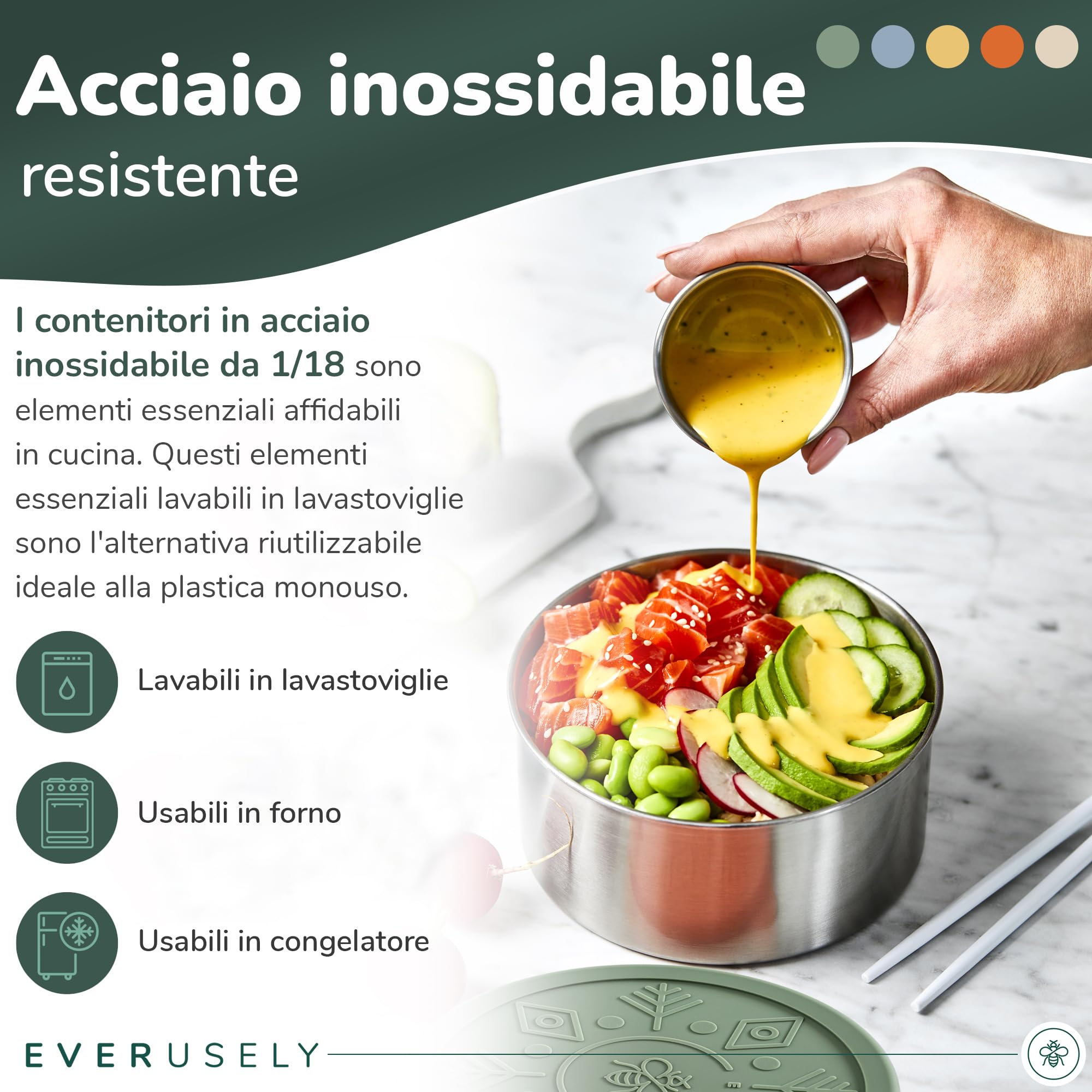 Everusely - Porta pranzo in acciaio inox con coperchi ermetici - Set da 5, collezione Muted - Porta pranzo ermetico - Contenitori per alimenti impilabili