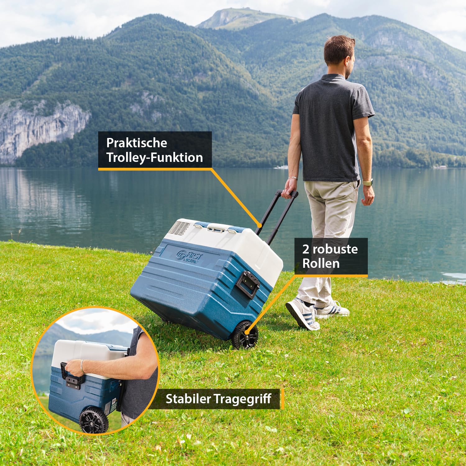 TZS First Austria - Kompressor-Kühlbox 43L - bis -20°C - Bluetooth-App - 45 dB(A) - AC 100-240V DC 12V 24V - Campingkühlbox - Blau-Grau