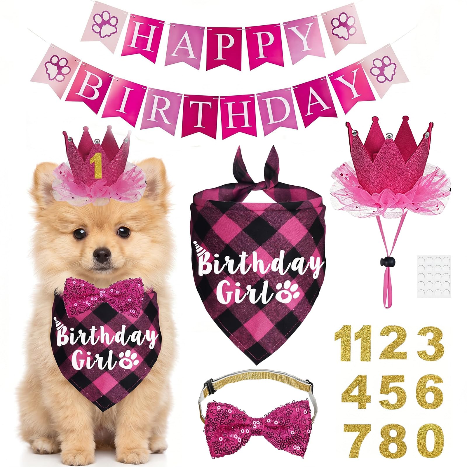Dog Birthday Hat Dog Birthday Party Bandana Girl with Numbers, Bow Tie, Banner for Dog Cat Pet BirthdaysParty Decorations, Blue Plaid Pet Party Outfit for Small Medium Dogs (Pink)