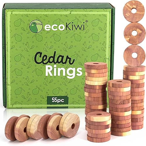 ecoKiwi Bloques de cedro para almacenamiento de ropa, paquete de 55 anillos de cedro, cedro aromático 100% natural para armarios y cajones, chips