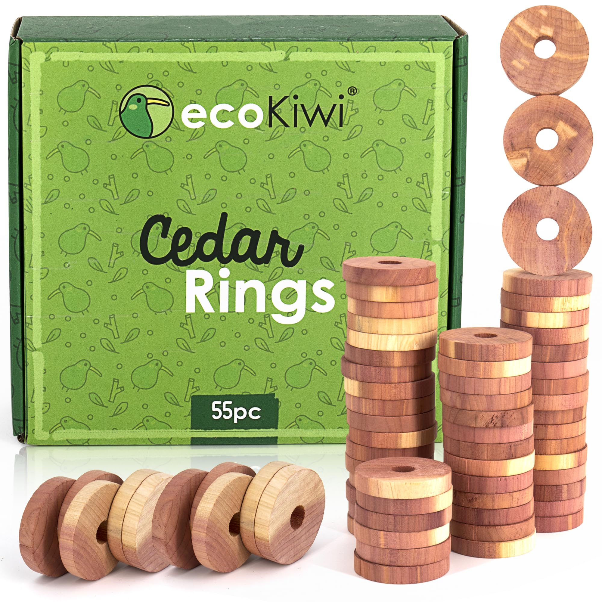 ecoKiwi Cedar Blocks for Clothes Storage - 55 Pack Cedar Rings - 100% Natural Aromatic Cedar for Closets & Drawers - Red Cedarwood Oil Scented Chips with Sandpaper - Cedar Planks Freshener DeodorizerCarbonfree Certified