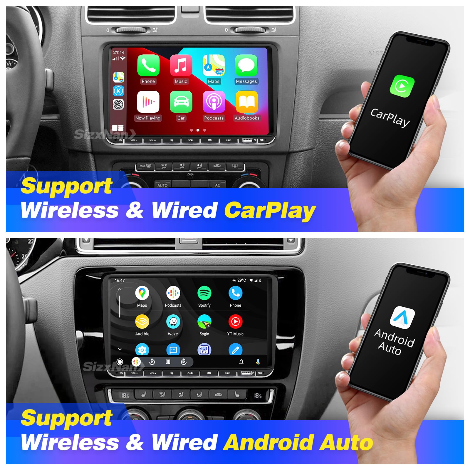 SizxNanv forTiguan VW Jetta Golf Passat Radio Compatible with Wireless Carplay Android Auto,Updated Car Android Stereo Bluetooth Navigation GPS Touchscreen WiFi FM/AM Backup Camera HeadUnit
