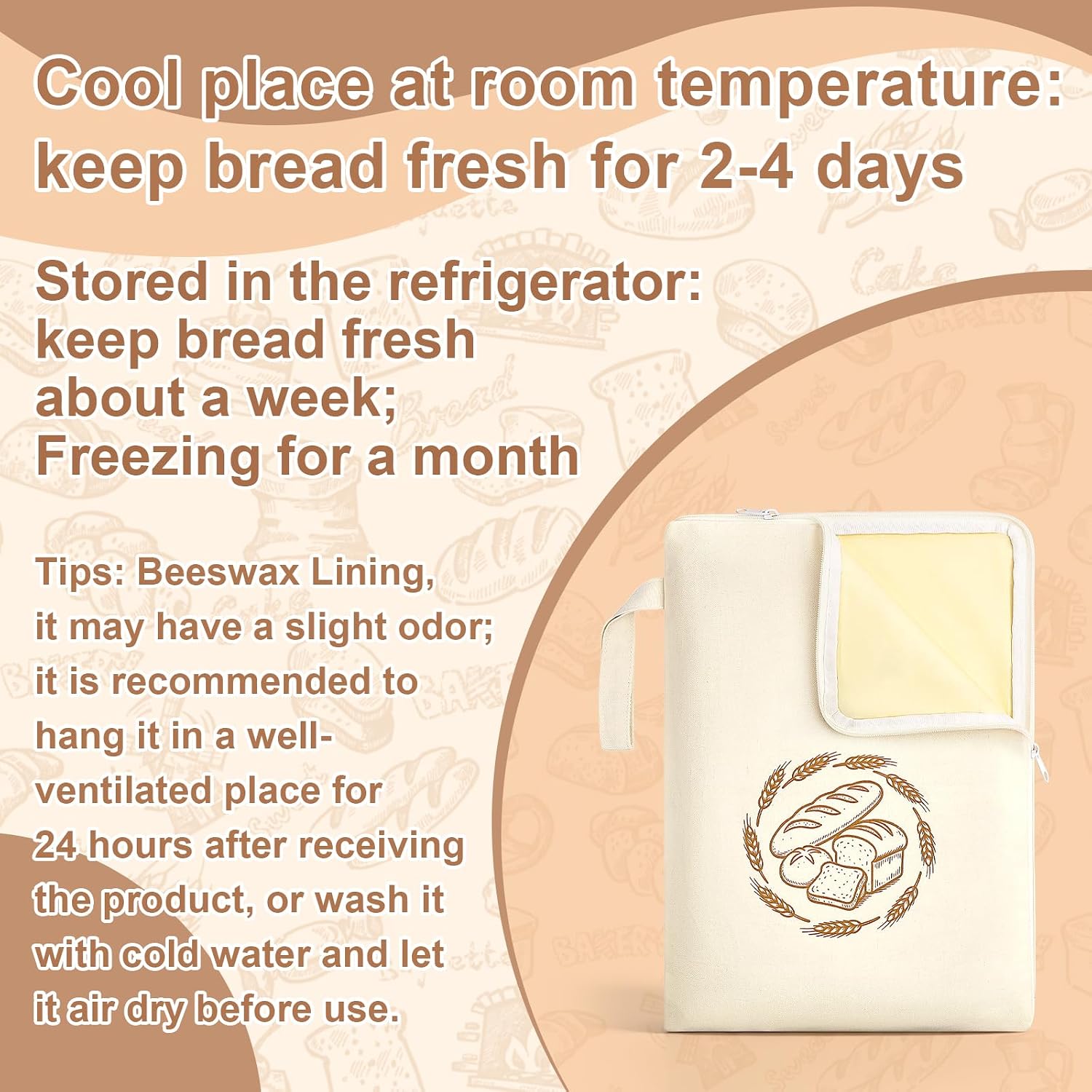 2pack Reusable Beeswax Linen Bread Bag Wide Zipper Opening | 17 x 12 in, Beeswax Lining, L-Shaped Zipper Seal, with Hanging Loop, Keep Bread Fresh