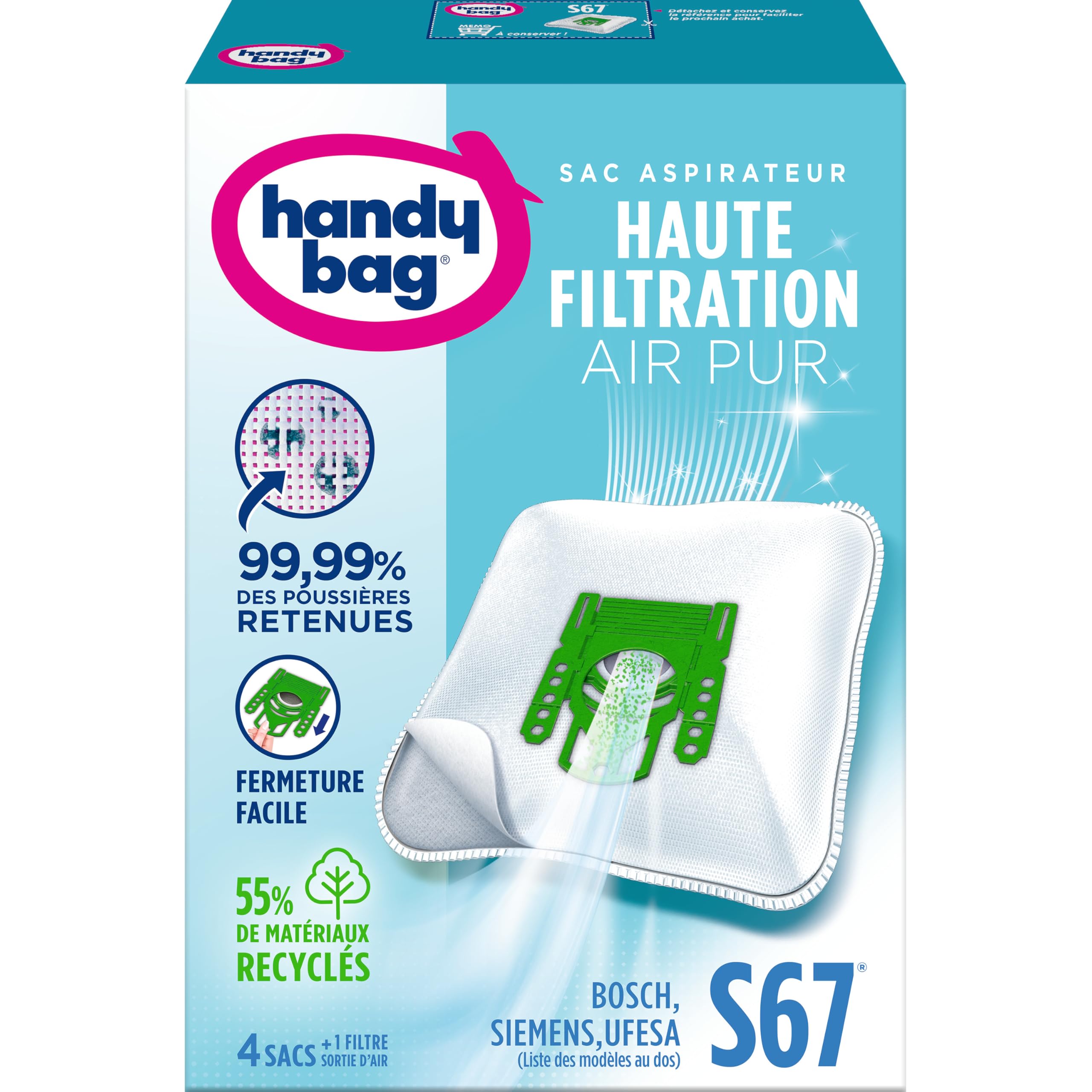 Handy Bag - Sacs aspirateur S67 x4sacs - Compatibles Bosch, Siemens, UFESA - 99,​99% des poussières retenues - Fermeture facile - Filtre anti-​allergène - 55% de matériaux recyclés -