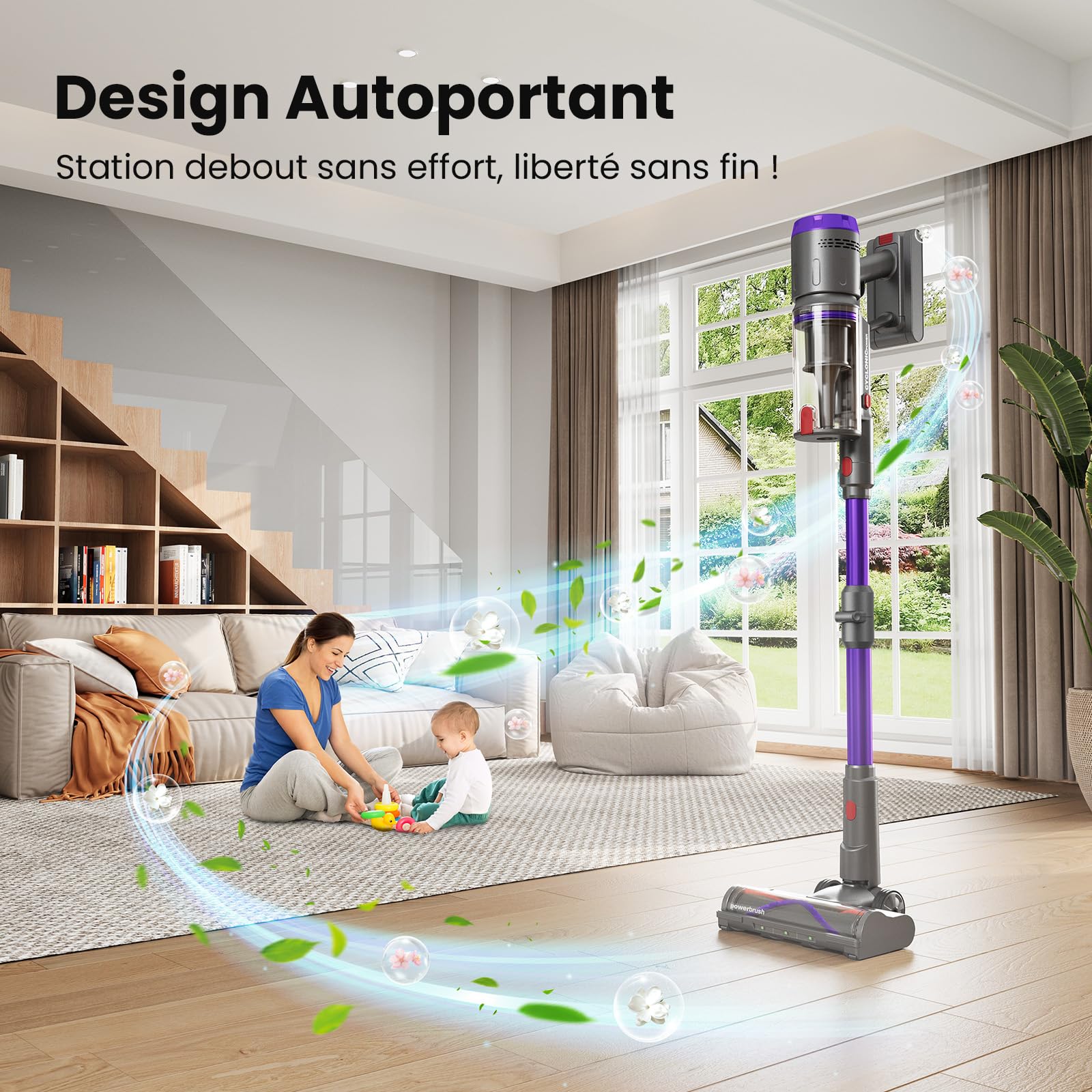 Aspirateur Balai sans Fil 600W/58000Pa/75min, Aspirateur sans Fil Puissant avec Tuyau Extensible 1m Désenfileur de Poils d'animal, Tube Pliable, pour Tapis, Poils Animaux, Sol Dur et Voiture