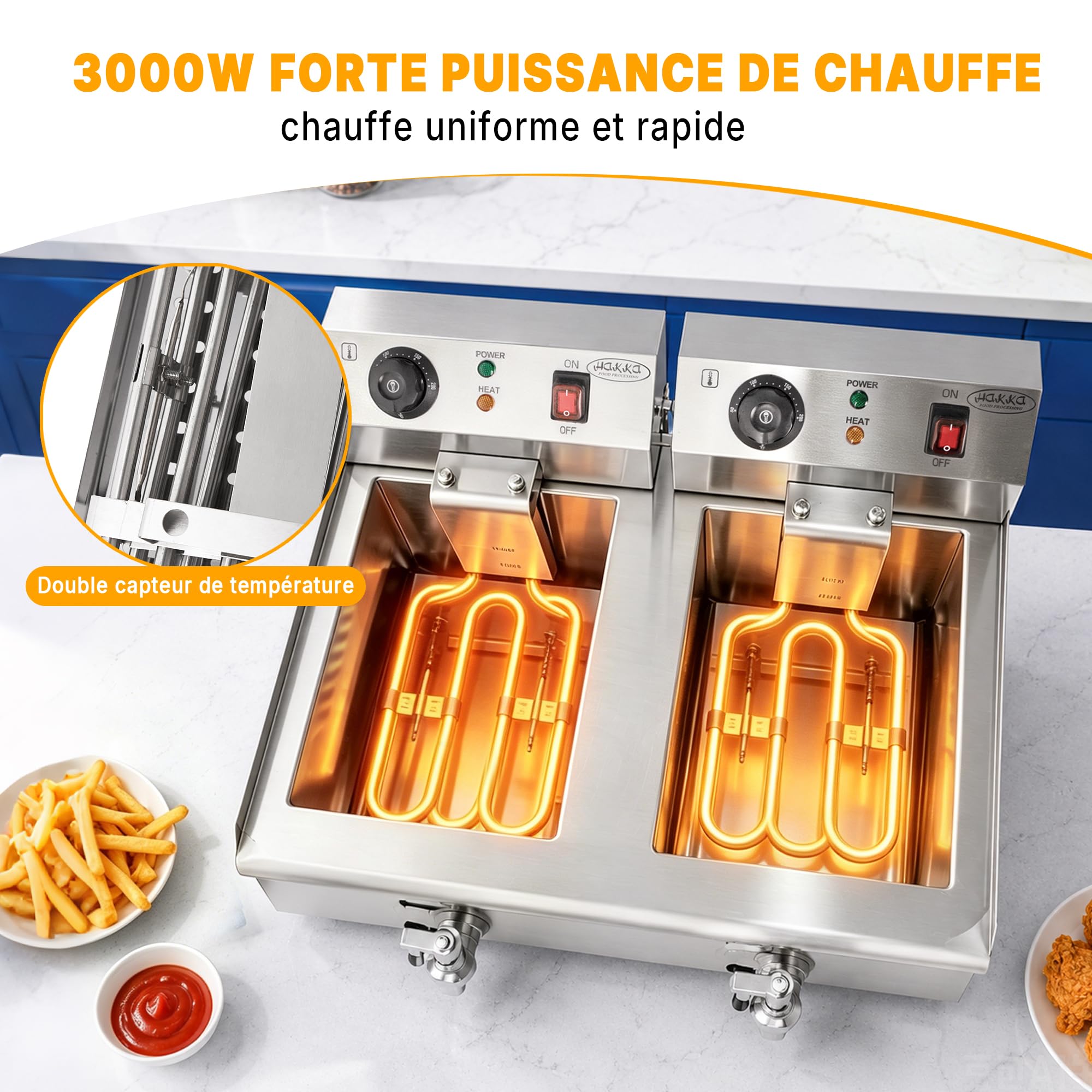 Hakka Friteuses électriques Professionnelles, Grande Capacité 6L x 2, en Acier Iinoxydable, Avec égouttoir, Panier et Couvercle, Double Cuve(220V, 2000W+2000W)