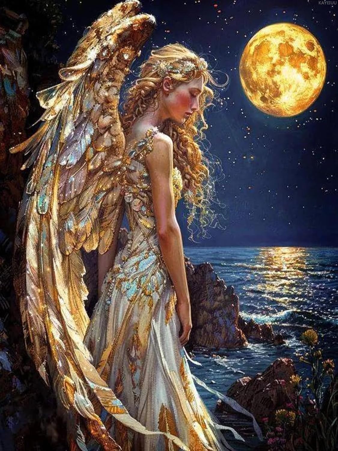KAYEIUU Diamond Painting Art Full Round Drills Angel Moon Diamond Painting Kit Round Full Drill Gem Arts and Crafts Kits, for Home Wall Decor Gifts 12x16 inch