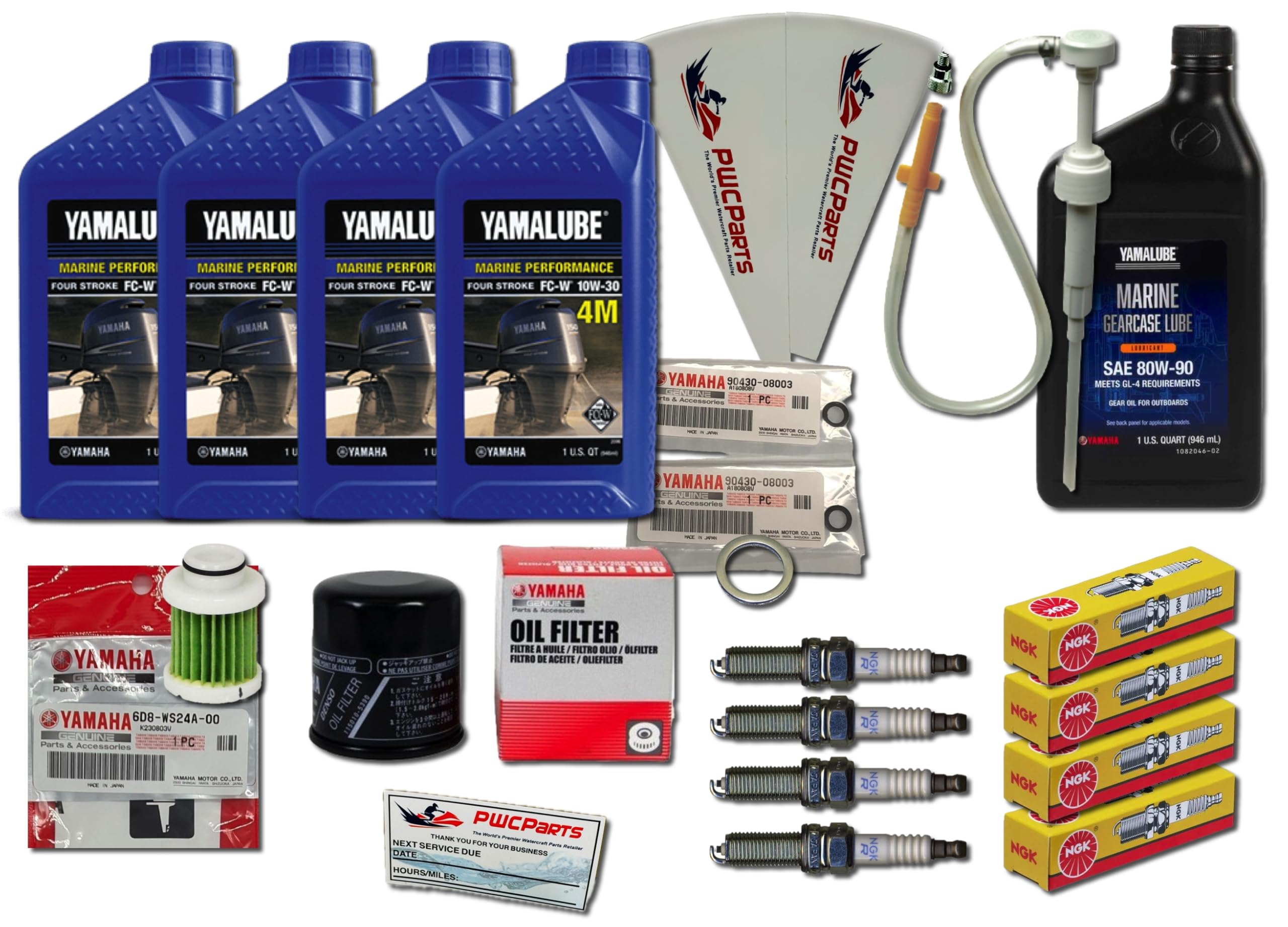 Yamaha F75 F90 2006+ Outboard Oil Change Maintenance Kit – 10W-30 Yamalube 4M FC-W Oil, OEM Oil Filter, Primary Fuel Filter, Gear Lube, Drain Gaskets, NGK LFR5A-11 Spark Plugs