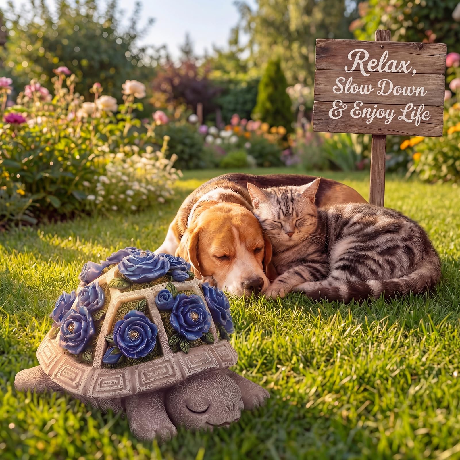 Solar Garden Outdoor Decor Turtle Statue, Dark Blue Roses & 7 LED Lights view 3