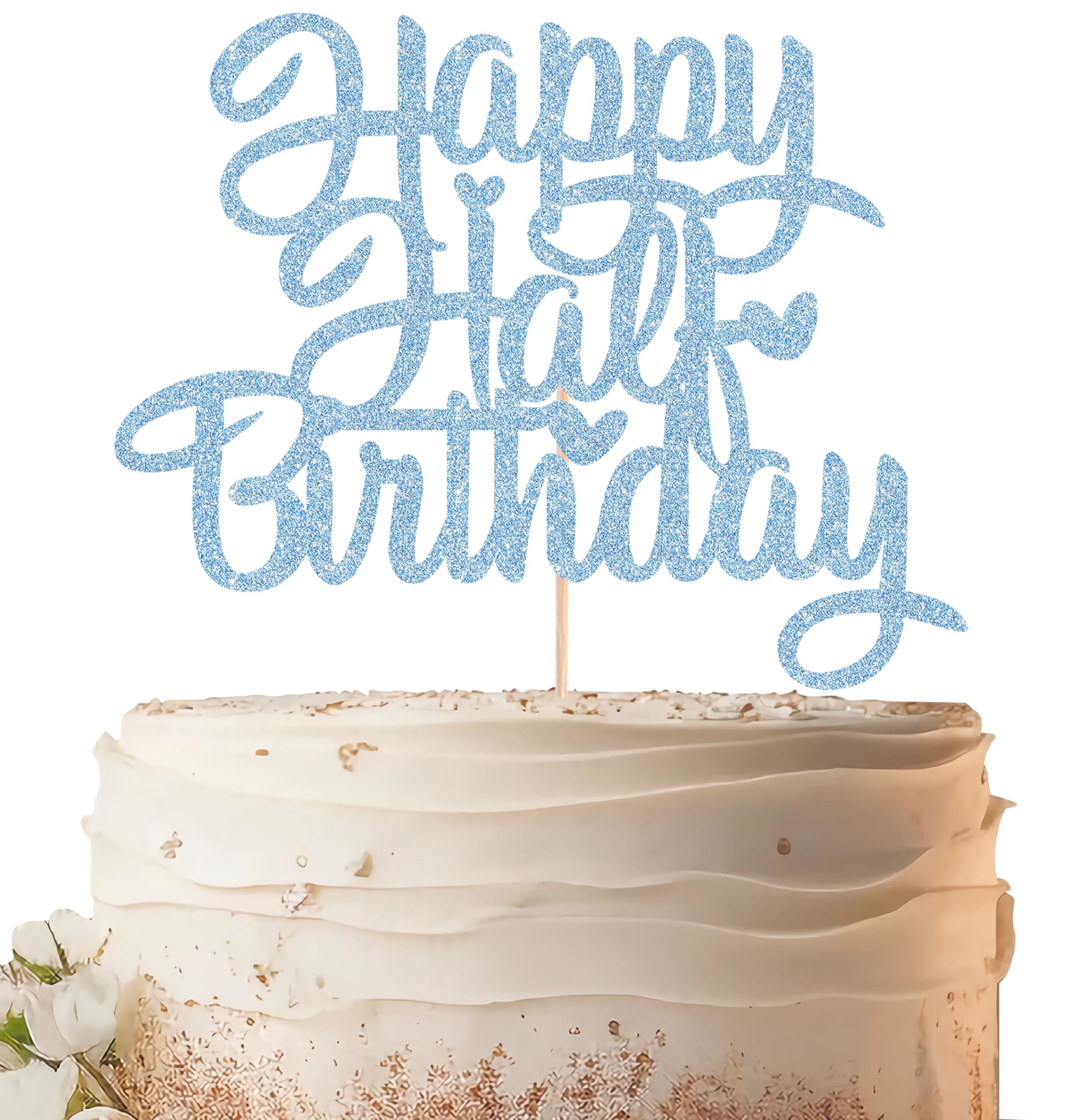 EONNCNT Happy Half Birthday Cake Topper - Light Blue Glitter 6 Months Birthday Cake Decorating Supplies for Boys or Girls Baby Shower, Gender Reveal