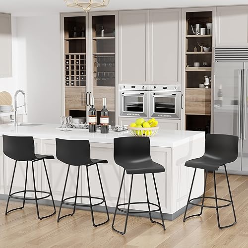 Miniatura 9 de Juego de 4 taburetes de bar giratorios de altura de mostrador con respaldo de 24 pulgadas con asiento de plástico, taburetes de bar de metal para