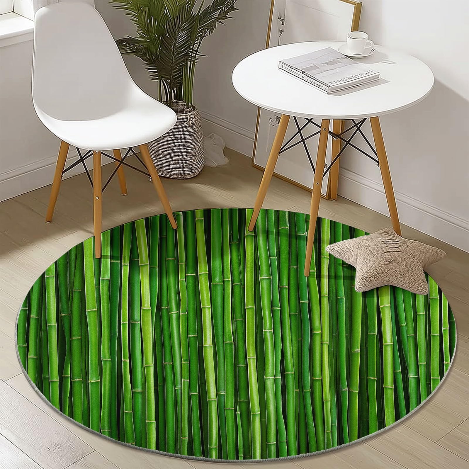 Tappeto Rotondo 120 cm, Morbido, Lavabile, Verde, con Stampa di Piante e bambù, Antiscivolo, Leggero, Ideale per Soggiorno, Sala da Pranzo, Cucina, Camera da Letto e Ingresso.