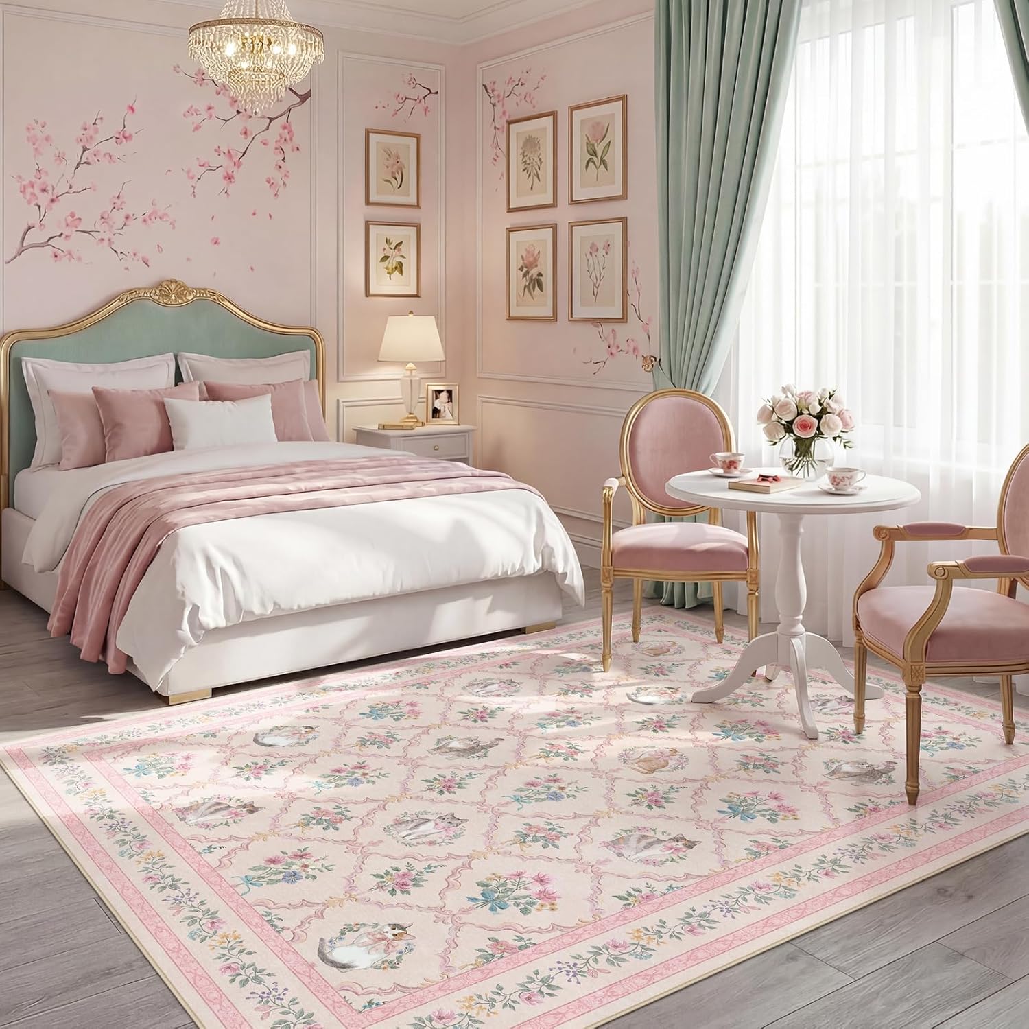 5x7 Pink Floral Cat Rug for Girls Bedroom, Washable Non Slip Area Rug for Nursery, Kids Room, Reading Nook, Dorm, Soft Low Pile Cute Vintage Carpet