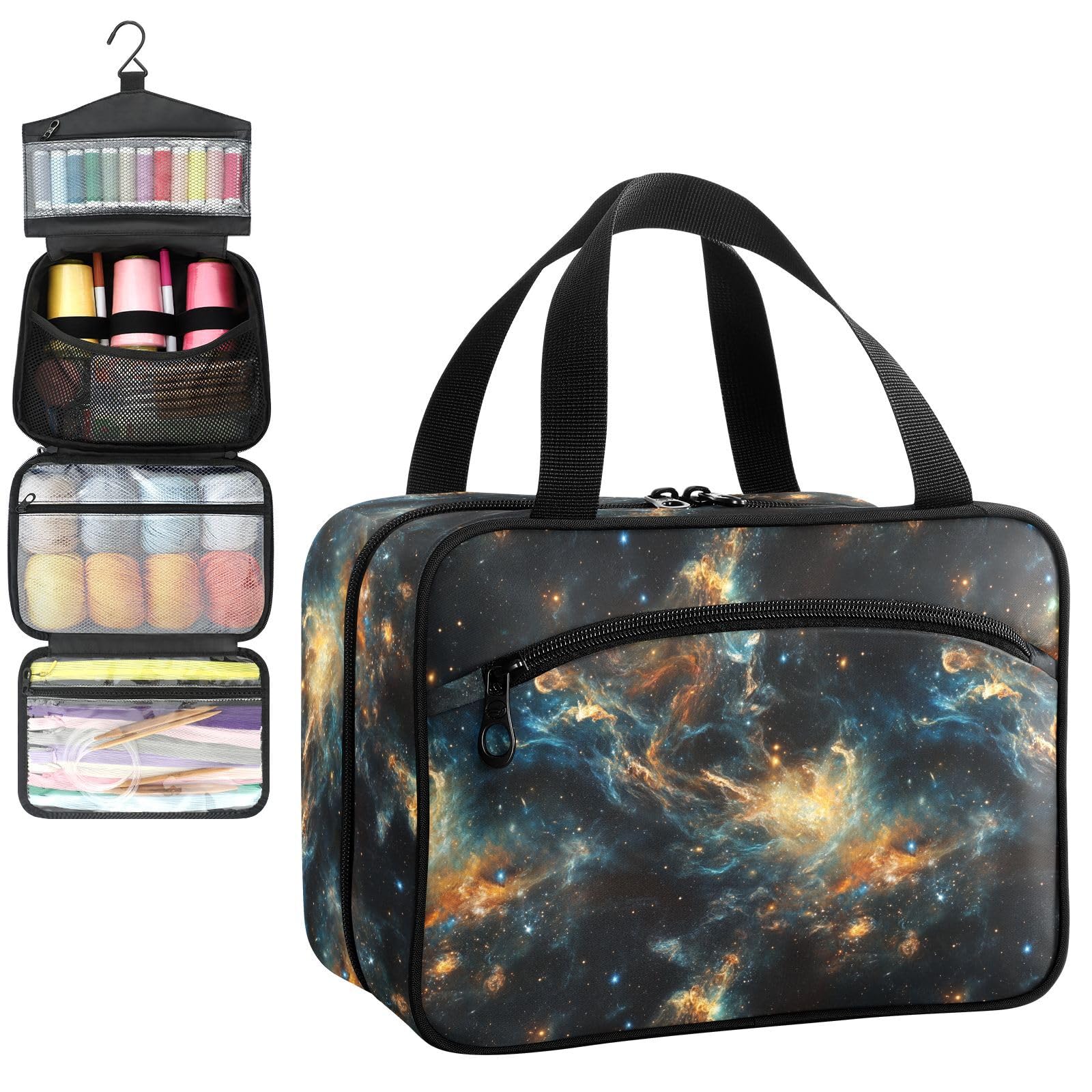YNNALE Sewing Supply Organizer Bag, Vibrant Galaxy with Stars and Nebulae Portable Sewing Bags with Pockets&Hanger, Sewing Storage Box Case for Sew Supplies/Kit/Tools/Accessories (BAG ONLY)