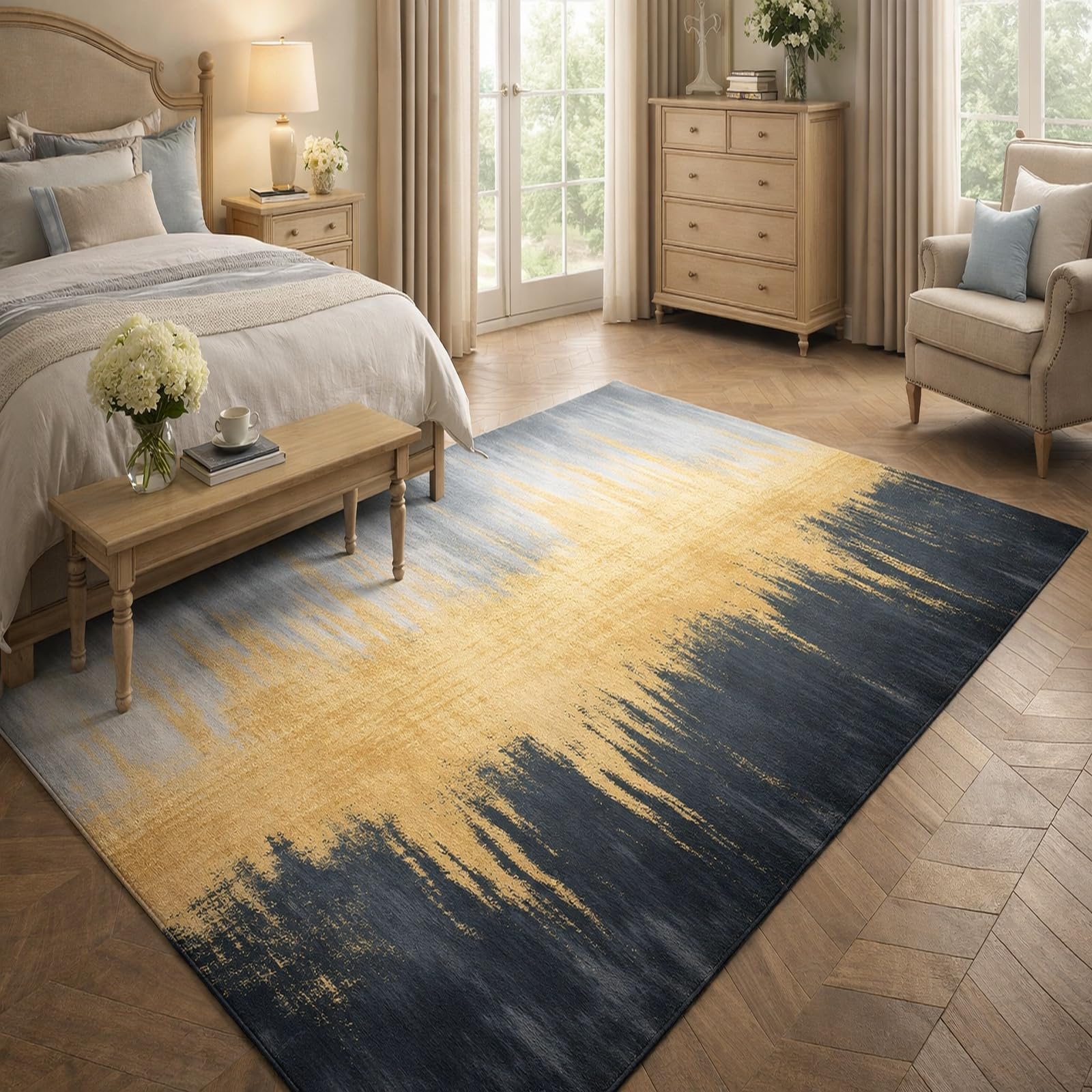 Tapis décoration salon abstrait moderne jaune gris noir en moquette haute densité