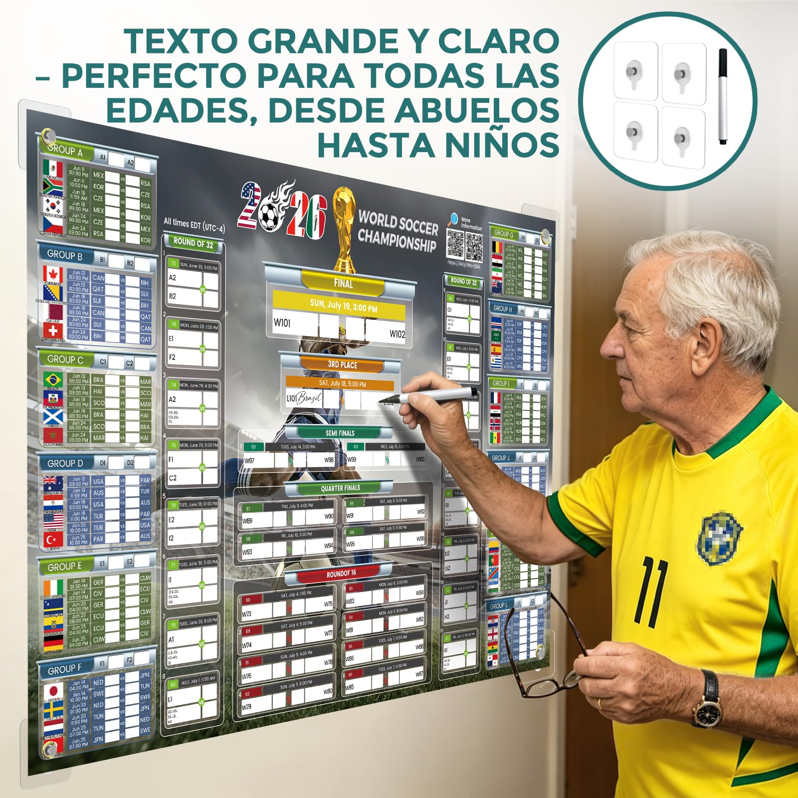 Póster Calendario Mundial 2026 Actualizado con Código QR para Resultados en Vivo, 84.1x59.4 cm Formato Grande, Letra Grande para Todas las Edades, Regalo Día del Padre para Hogar, Bar, Oficina (UTC-4)