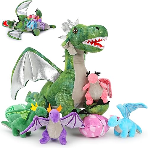 Tezituor 7 piezas de animales de peluche de dragón, 22 pulgadas, mamá dragón de peluche con 4 dragones bebé y 2 huevos, juguetes de dragón de