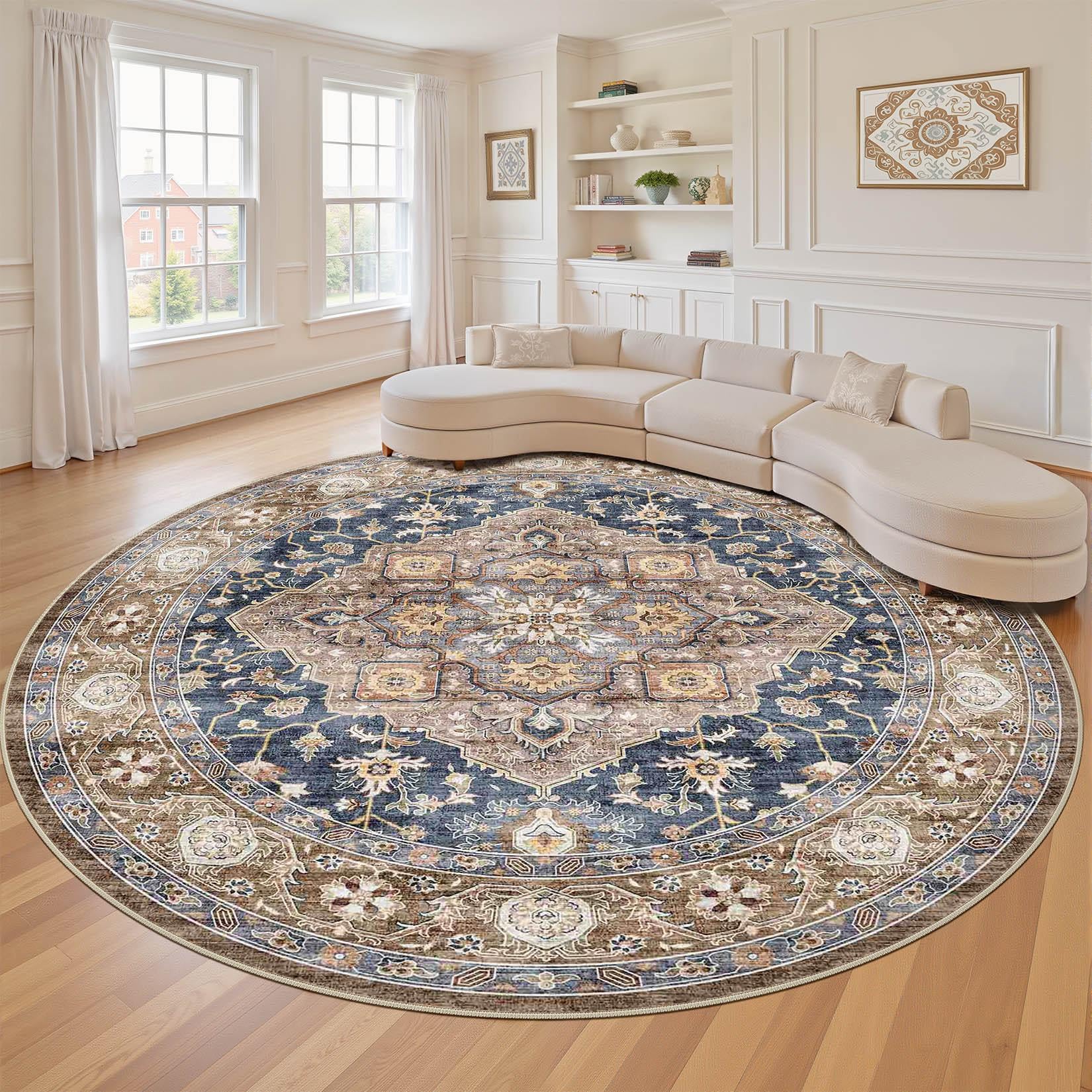 LOONGRUG Round Rug 10x10 Washable Vintage Boho Living Room Rug Yellow Blue