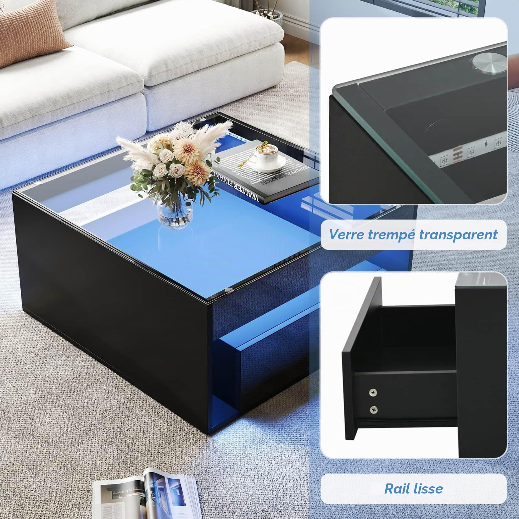 Table Basse Salon Brillante 70x70x35cm,Table D'appoint,Meuble Bas Rangement avec Lampe LED Réglable,Table en Verre trempé,2 Tiroirs,pour Bout de Canape,Bureau,Salon (Noir)