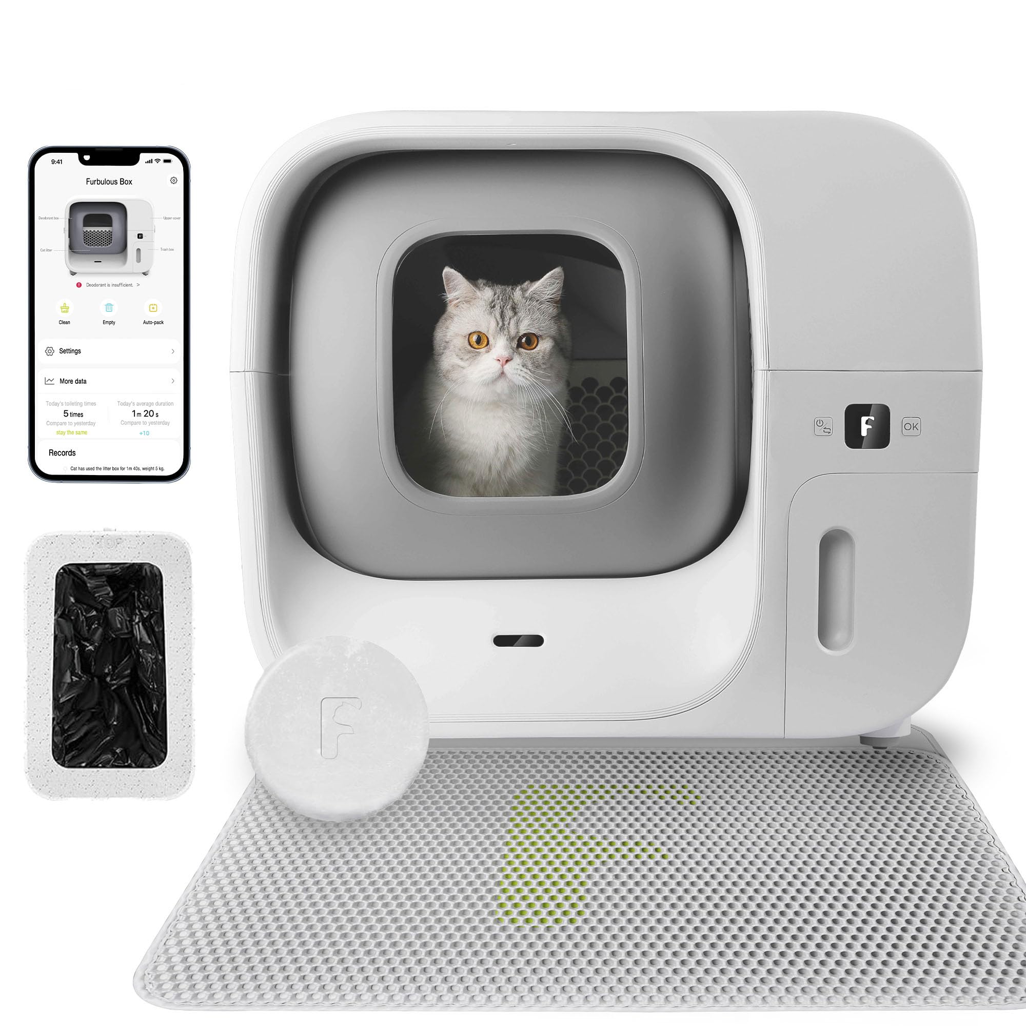 FURBULOUS Self Cleaning and Packing Litter Box,Automatic Cat Litter Box with Self-Pack and Refill System,APP Control,Includes Trash Bags,Extra Large Space(Automated Self-Cleaning Litter Box White)