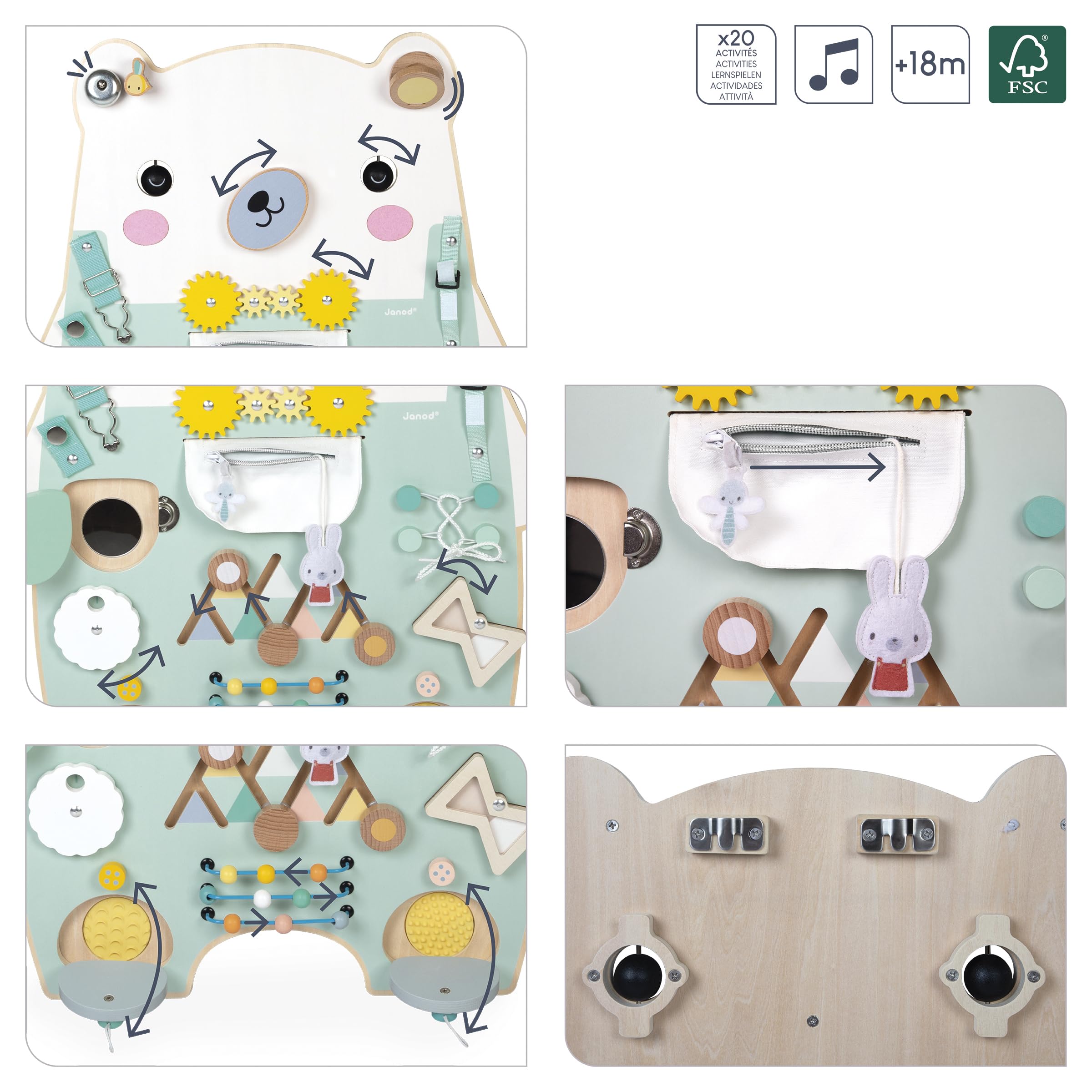 Janod Busy Board Ourson, 20 attività, Grande Tavolo di attività in Legno, Ottime per Lo Sviluppo della motricità fine, la curiosità e la destrezza, Altezza 60 cm, da 18 Mesi, J05162