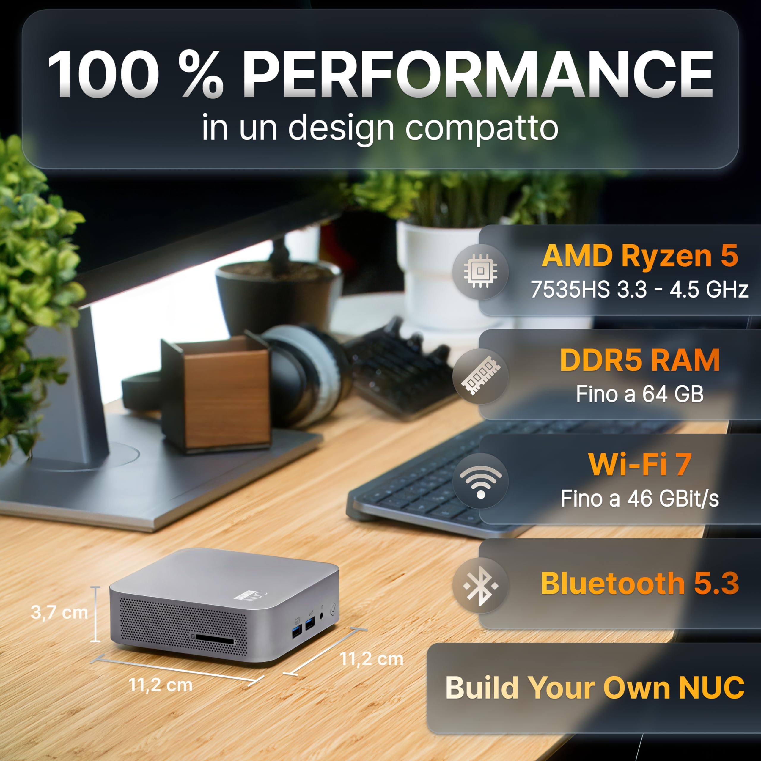 AMD Ryzen Mini PC R5-7535HS - 16GB RAM, SSD 512GB | Marchio tedesco | Garanzia di 4 anni - 8 core fino a 4,8GHz - DDR5 - WiFi 7 - HDMI 2.1 - Mini PC slim per home office