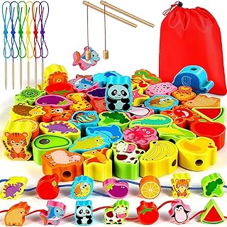 Jojoin Threading Game Montessori Toy - Threading Game Fishing Game Games from 3 Years - 54 Pieces Wooden Toy Magnetic Fishing Game - Gift Girl Boy